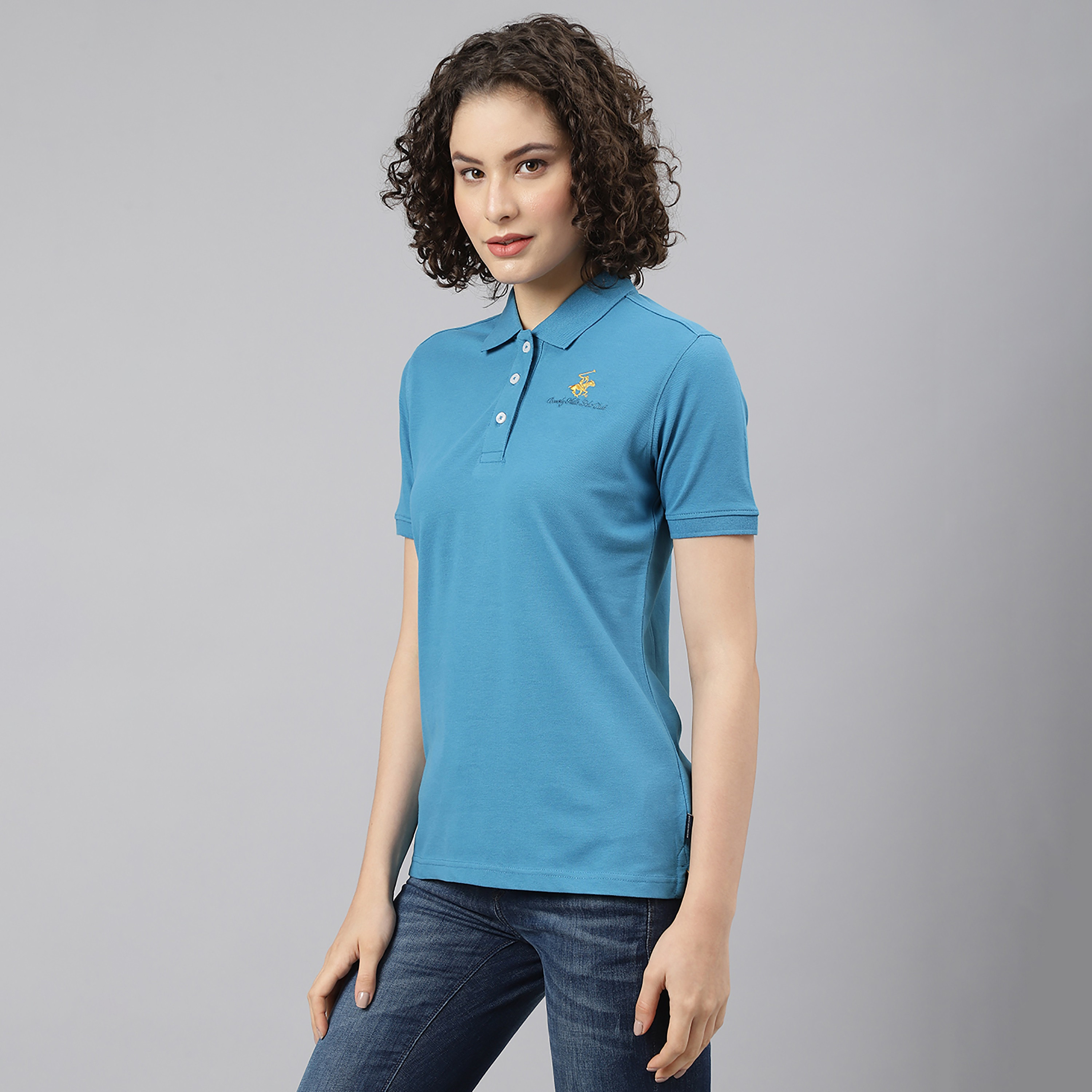 تي شيرت بيفرلي هيلز بولو كلب بأكمام قصيرة سادة بأزرق للنساء-women-clothing-tshirts-image-2