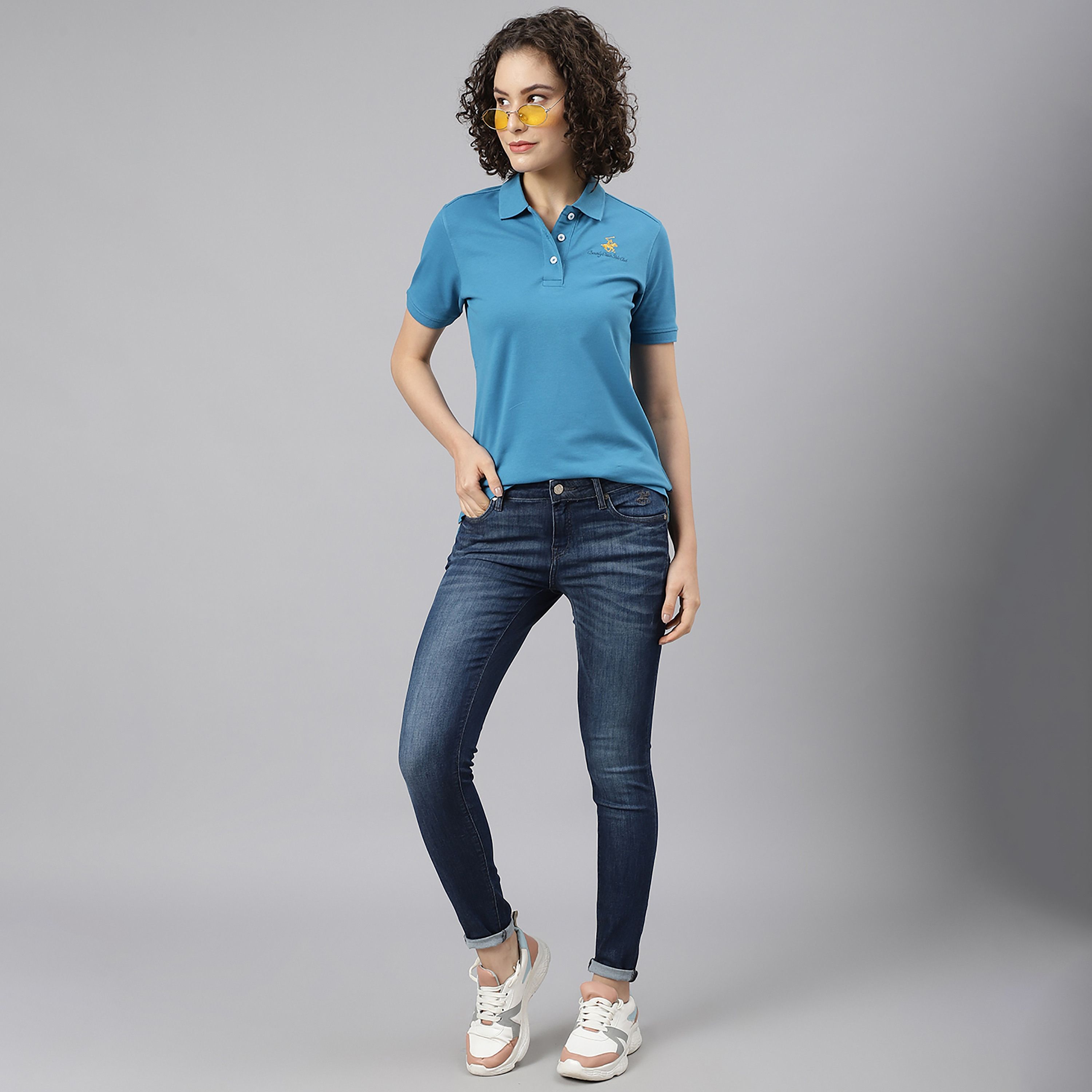 تي شيرت بيفرلي هيلز بولو كلب بأكمام قصيرة سادة بأزرق للنساء-women-clothing-tshirts-image-6