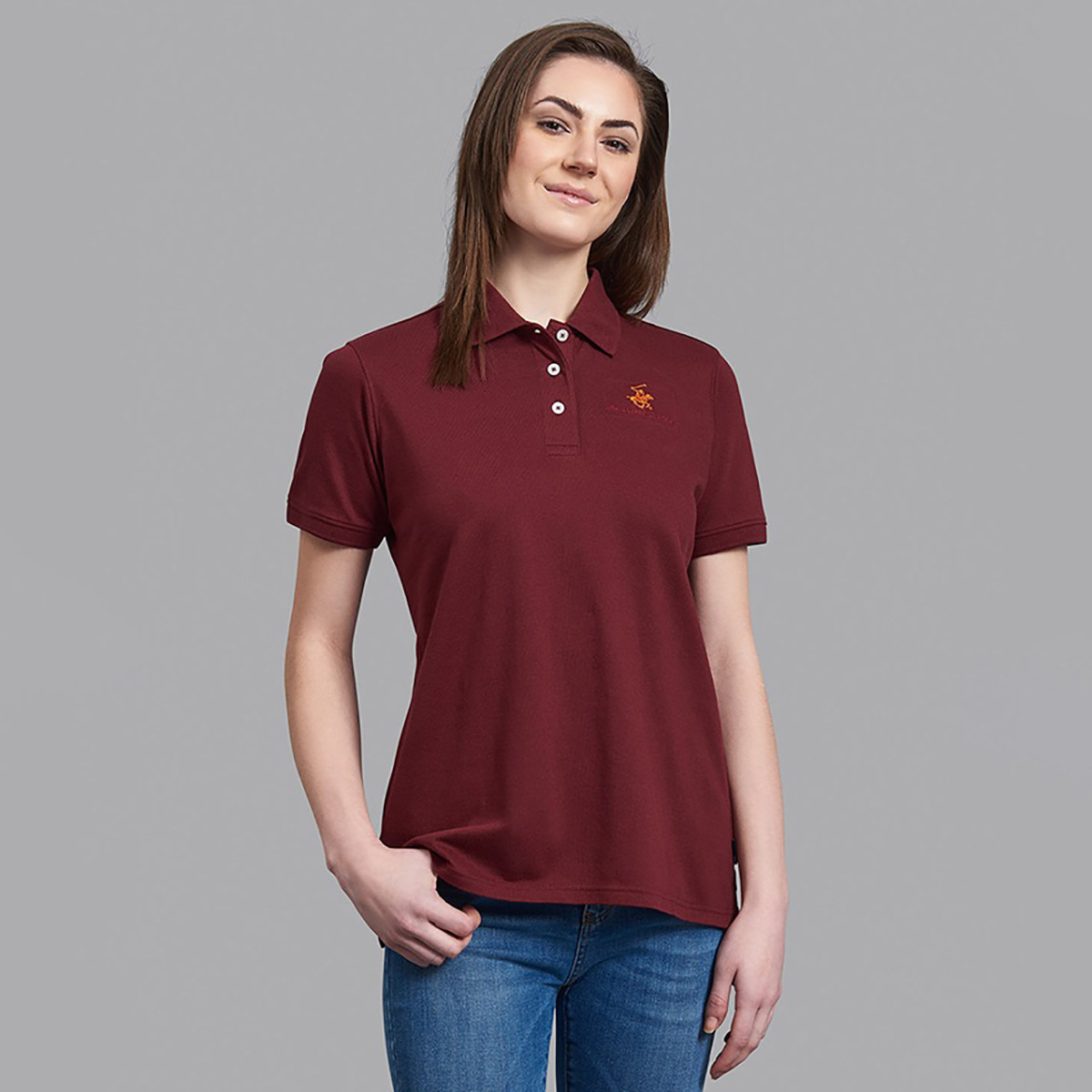 تي شيرت بولو من بيفرلي هيلز بولو كلب نسائي مع شعار بلون بني غامق بأكمام قصيرة-women-clothing-tshirts-image-1