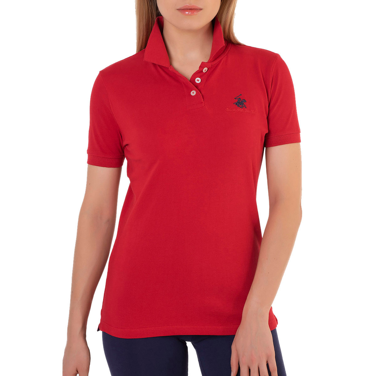تي شيرت بولو من بيفرلي هيلز بولو كلوب نسائي مع لون أحمر سادة بأكمام قصيرة-women-clothing-tshirts-image-1