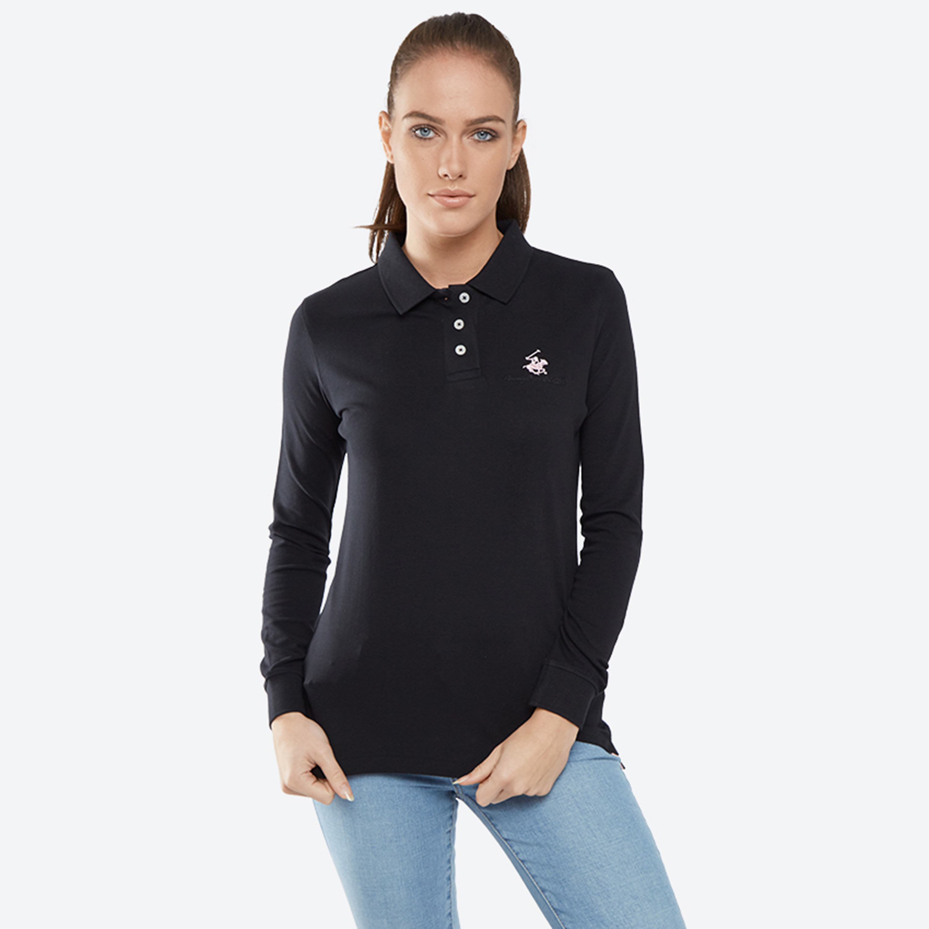 Beverly Hills Polo Club Logo Collared Long Sleeves Polo T-Shirt-women-clothing-tshirts-image-1