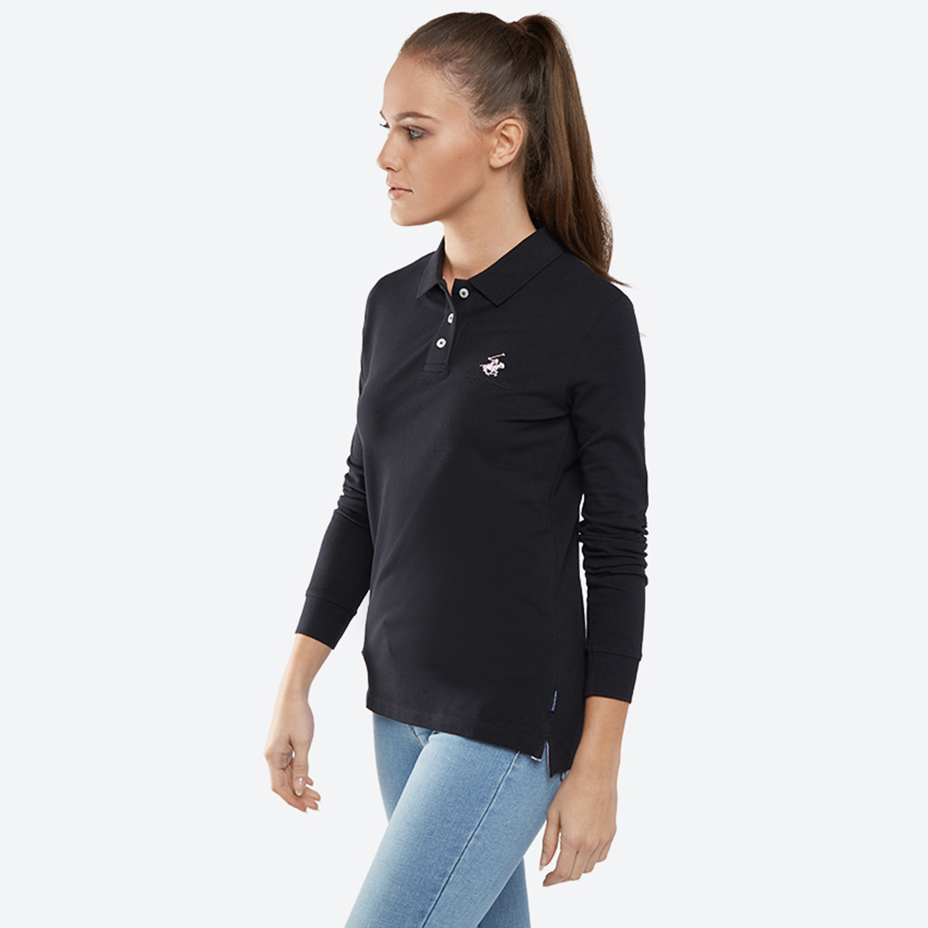 Beverly Hills Polo Club Logo Collared Long Sleeves Polo T-Shirt-women-clothing-tshirts-image-2