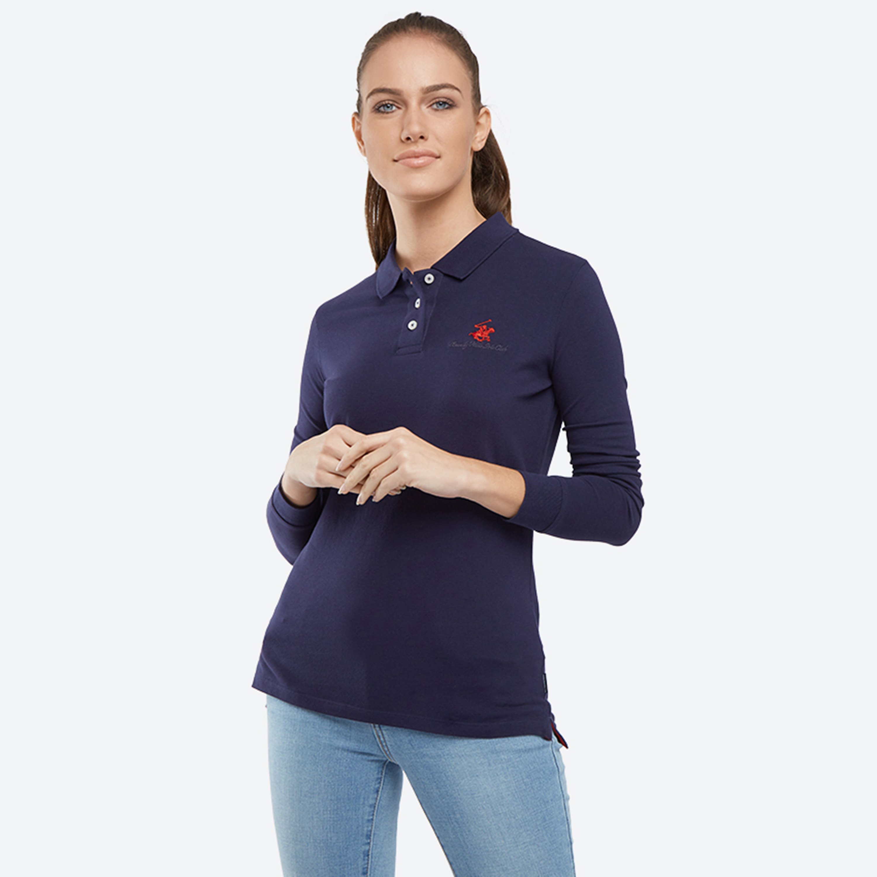 تي شيرت بولو من بيفرلي هيلز بولو كلوب مع شعار بياقة وأكمام طويلة-women-clothing-tshirts-image-5