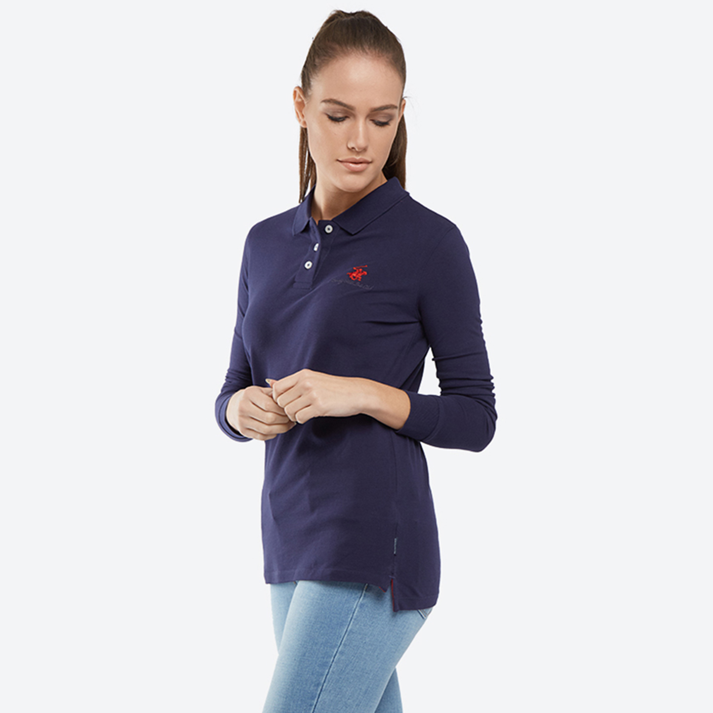 تي شيرت بولو من بيفرلي هيلز بولو كلوب مع شعار بياقة وأكمام طويلة-women-clothing-tshirts-image-6