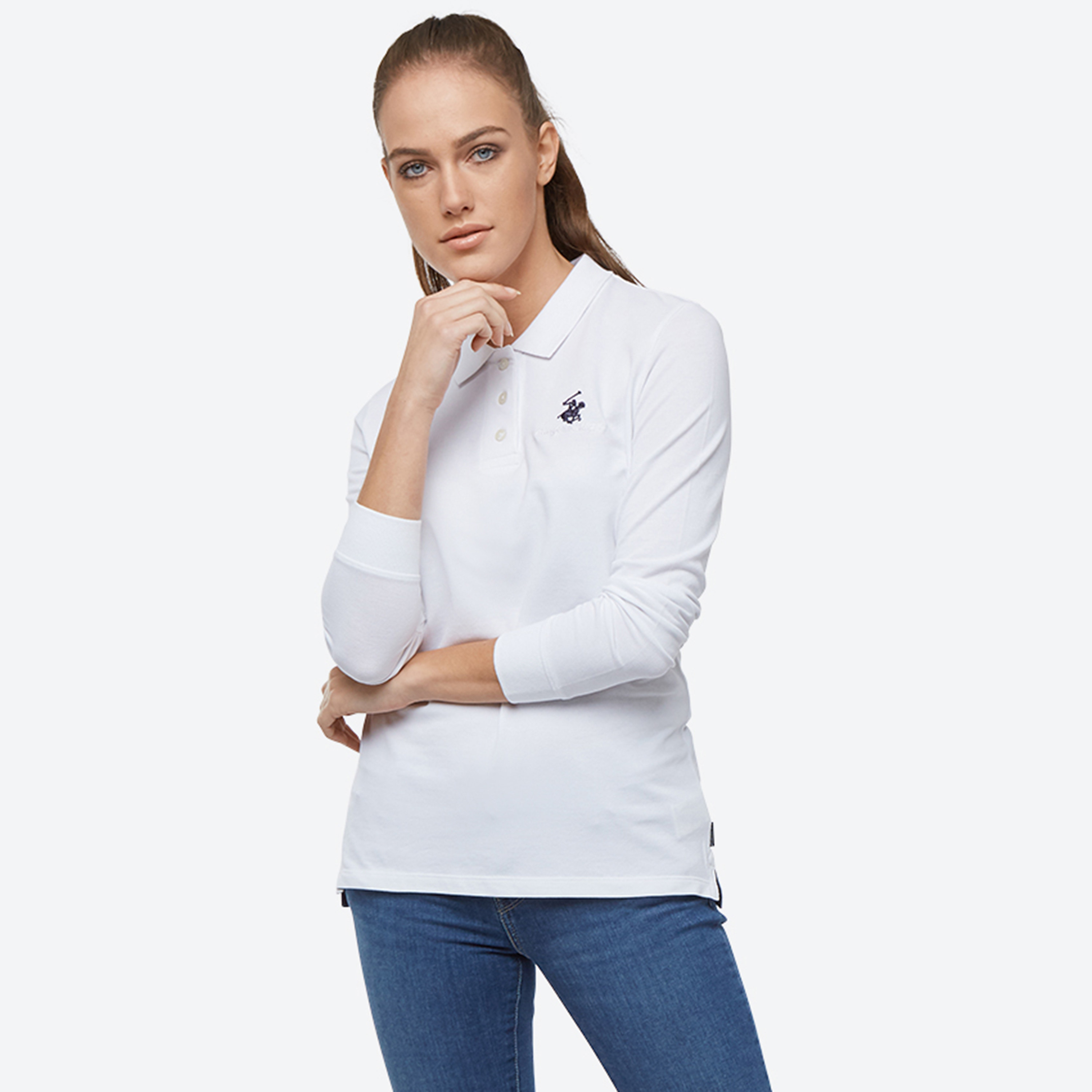 Beverly Hills Polo Club Logo Collared Long Sleeves Polo T-Shirt-women-clothing-tshirts-image-1