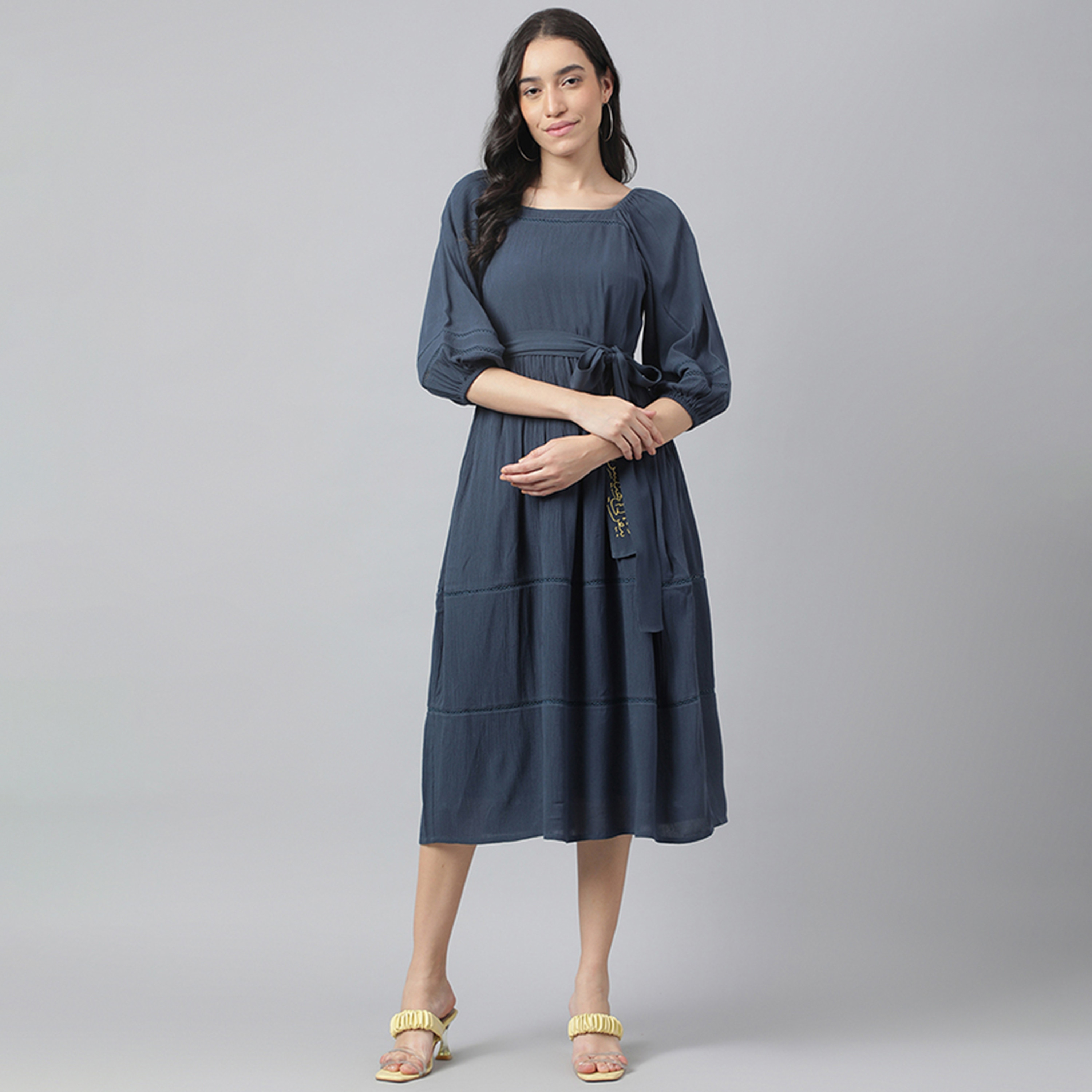 Beverly Hills Polo Club Dark Blue Plain Square Neck Tiered Midi Women's Dress-women-clothing-dresses-image-1