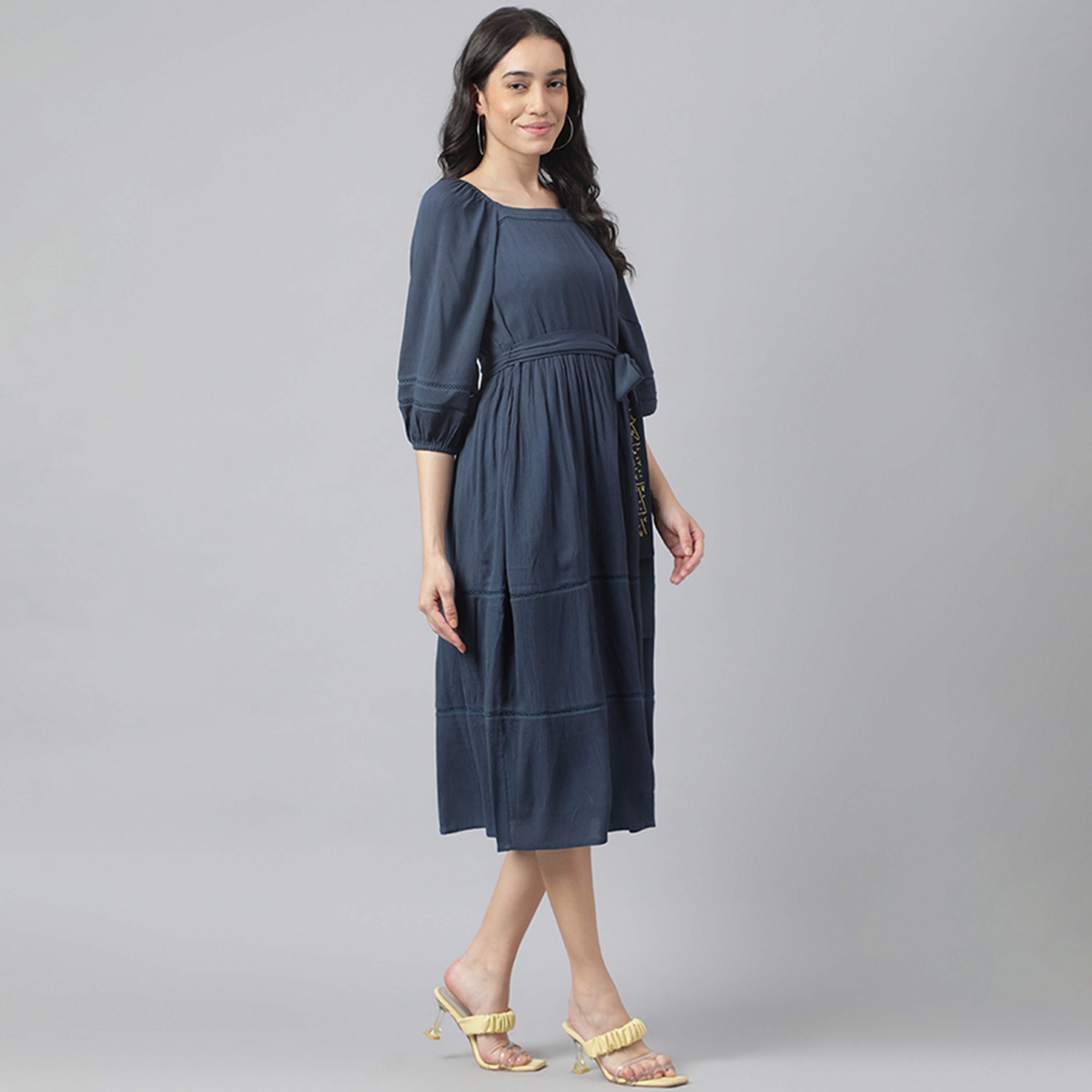 Beverly Hills Polo Club Dark Blue Plain Square Neck Tiered Midi Women's Dress-women-clothing-dresses-image-2