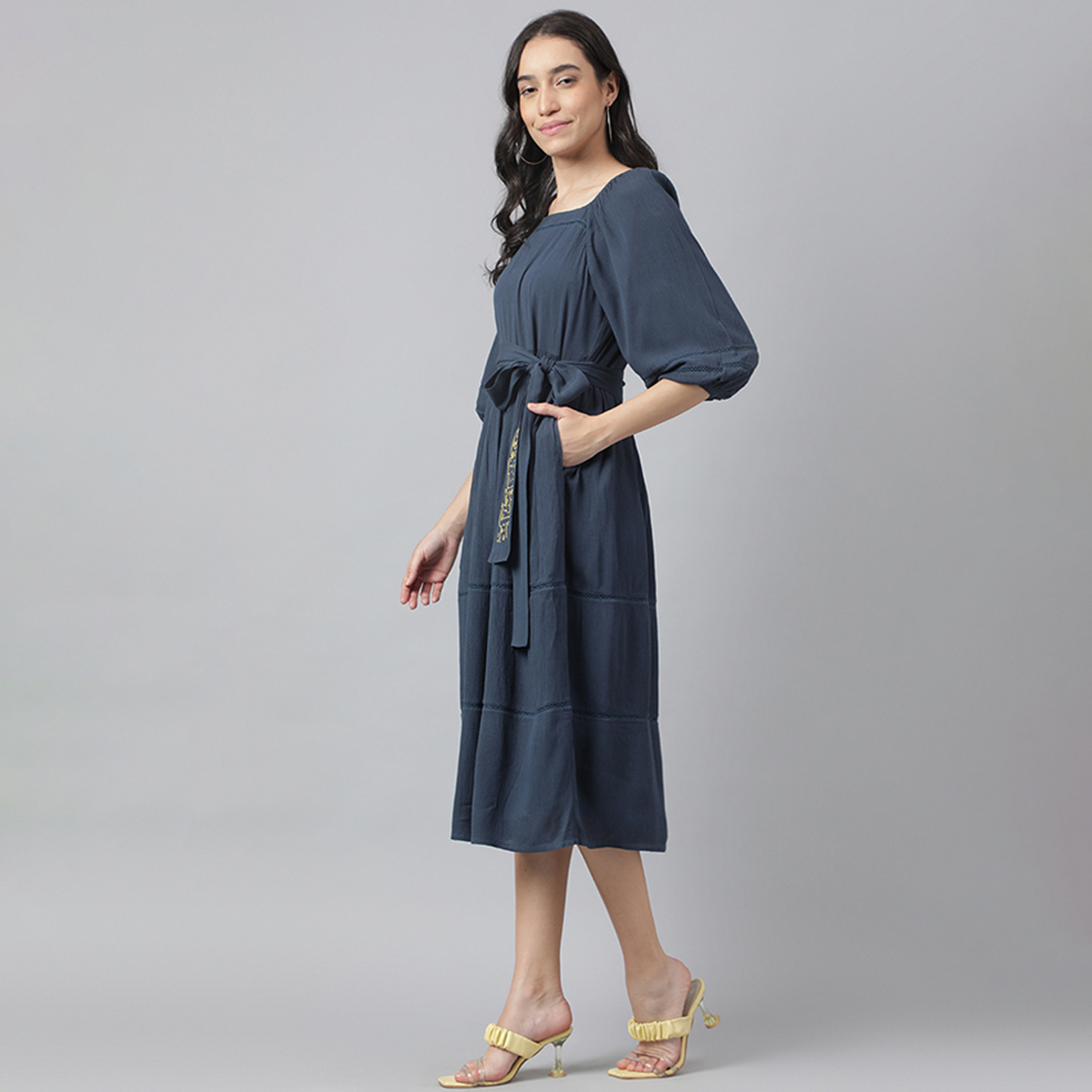 Beverly Hills Polo Club Dark Blue Plain Square Neck Tiered Midi Women's Dress-women-clothing-dresses-image-3