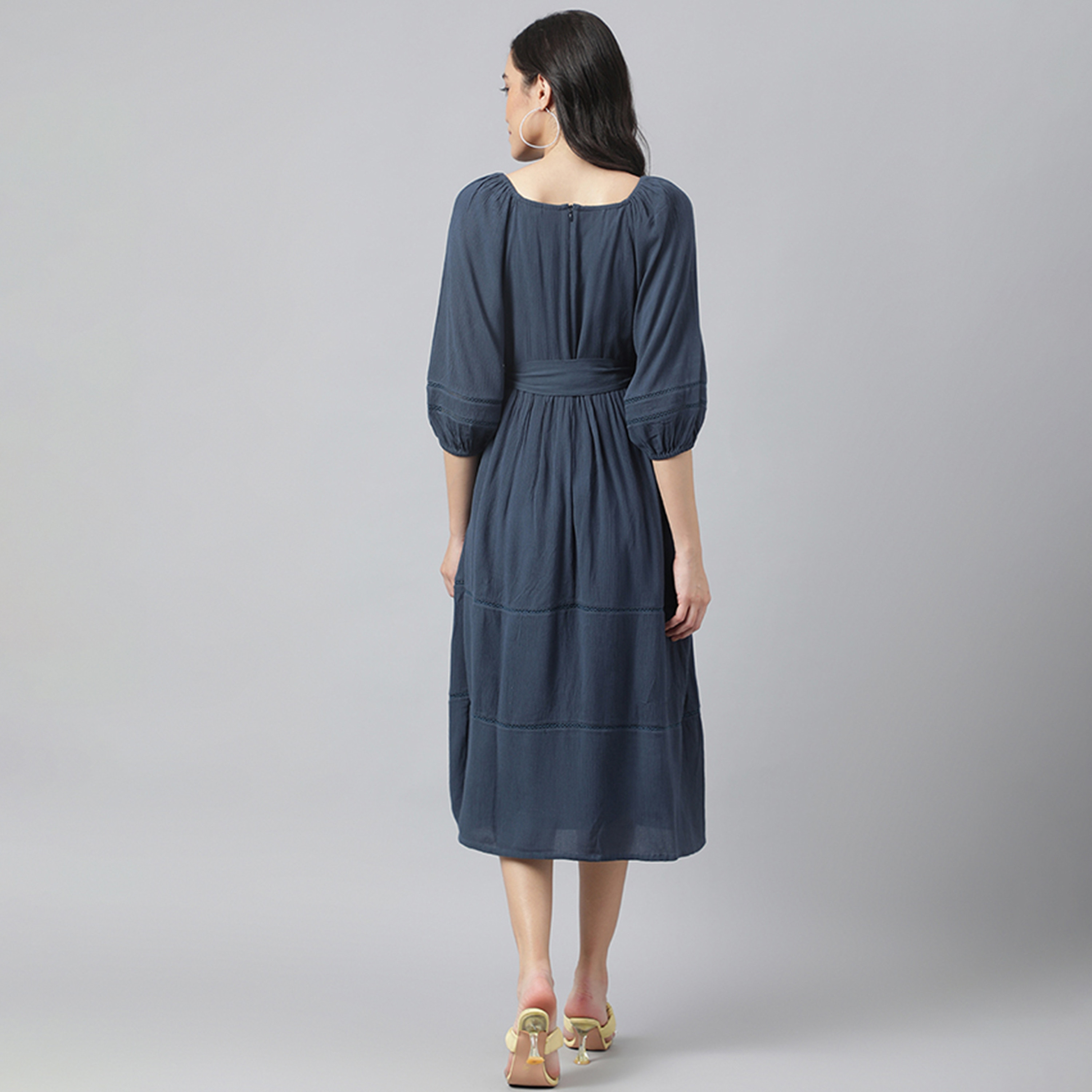Beverly Hills Polo Club Dark Blue Plain Square Neck Tiered Midi Women's Dress-women-clothing-dresses-image-4