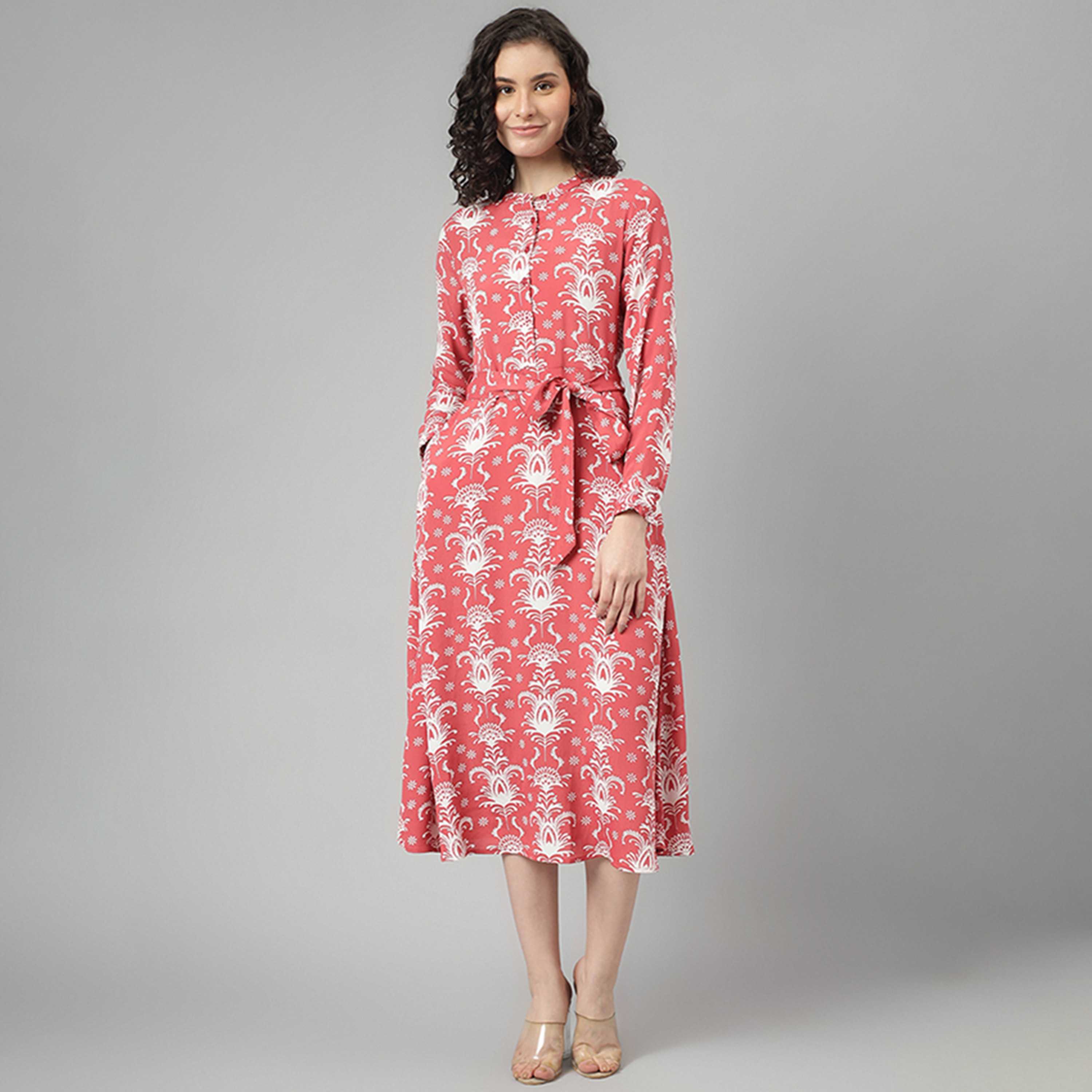 Beverly Hills Polo Club Red Ethnic Motifs Print Mandarin Collar A-Line Midi Women's Dress-women-clothing-dresses-image-1