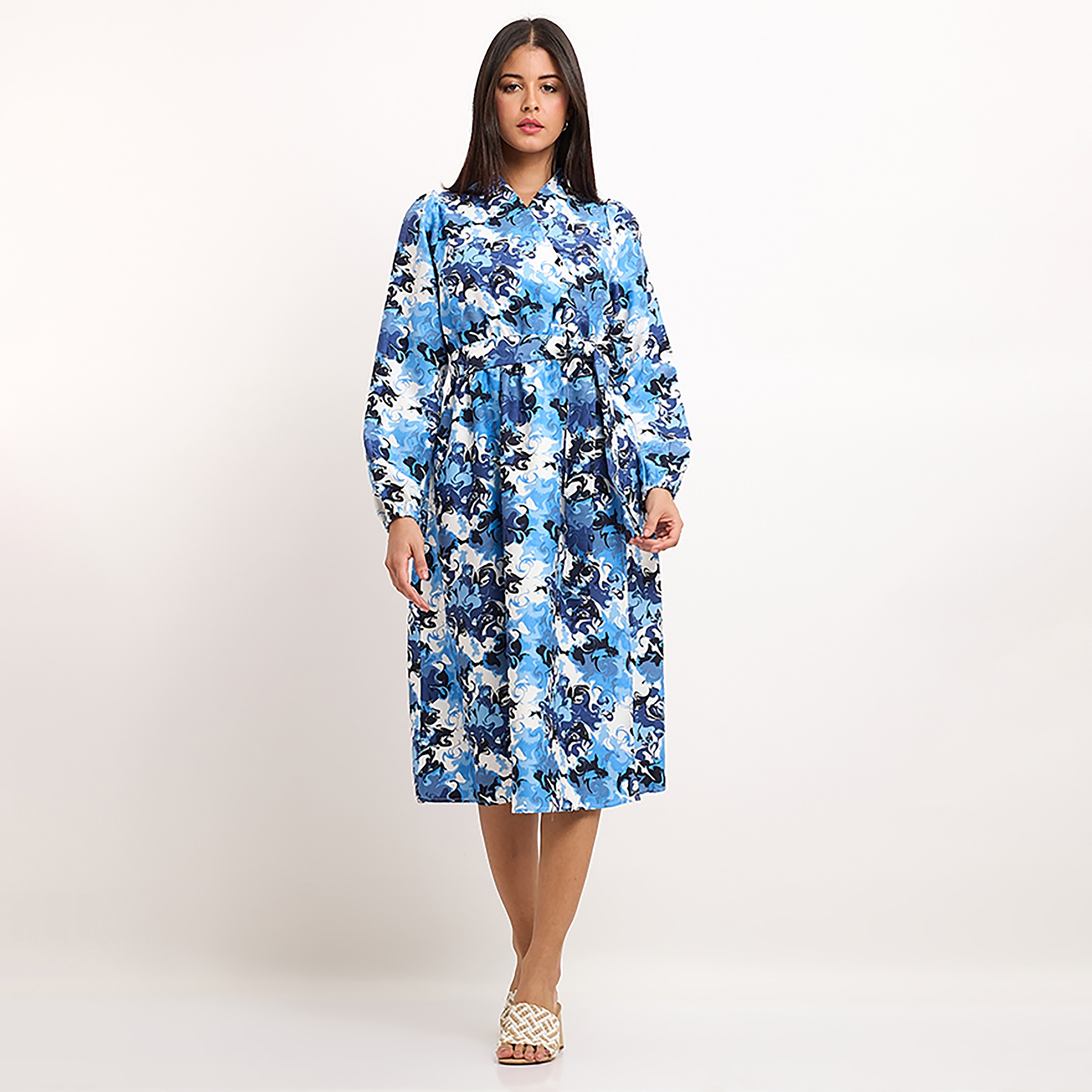 Beverly Hills Polo Club Printed Collared Long Sleeves Women's Midi Shift Dress-women-clothing-dresses-image-1