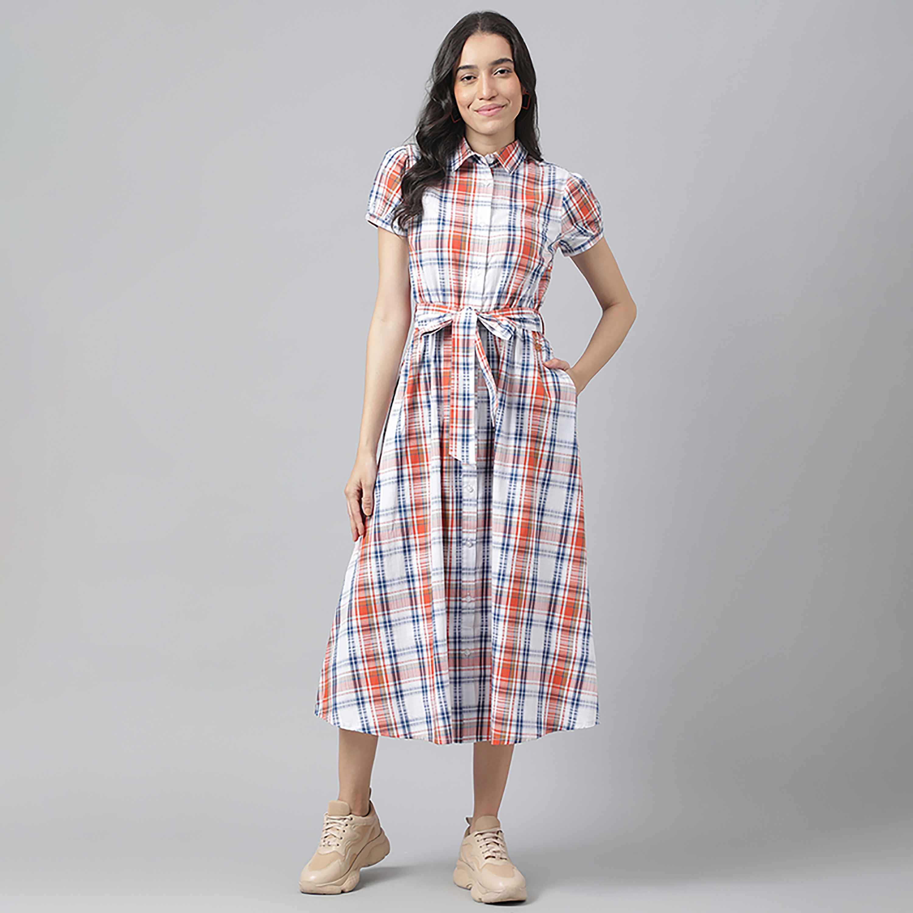 Beverly Hills Polo Club Checks Collared Midi Shirt Dress-women-clothing-dresses-image-1