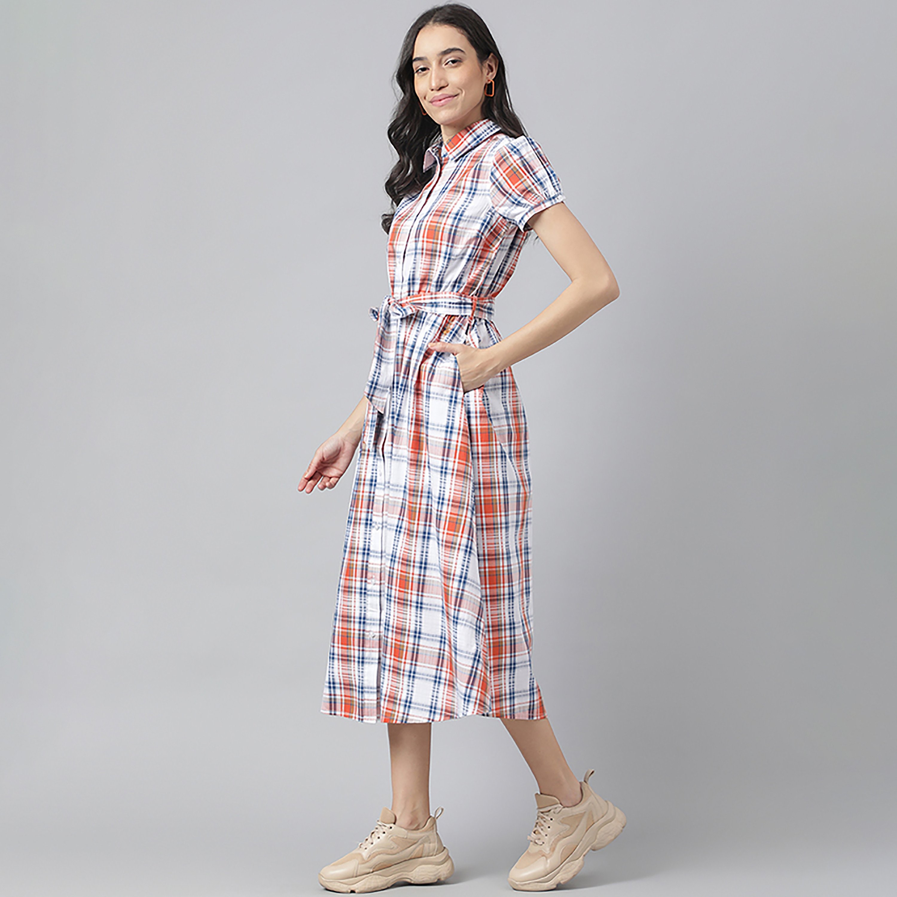 Beverly Hills Polo Club Checks Collared Midi Shirt Dress-women-clothing-dresses-image-2