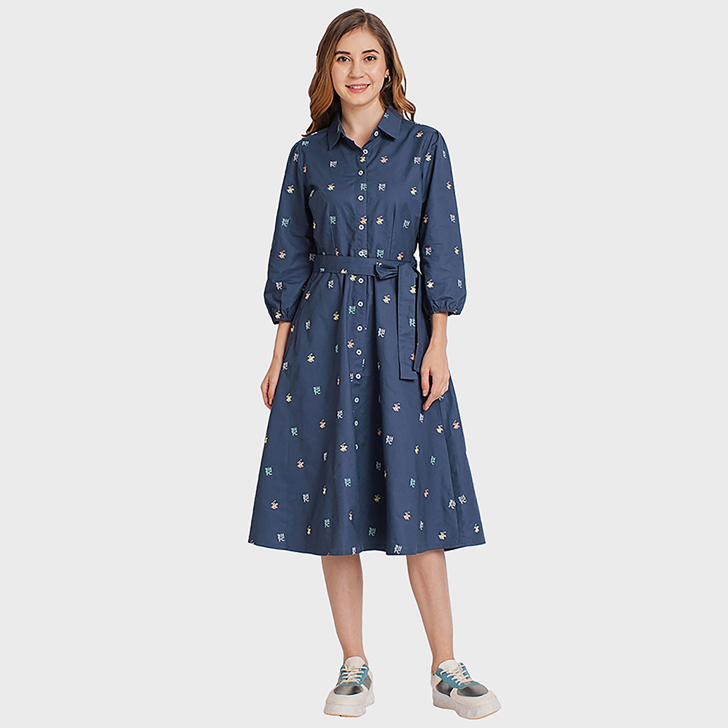 Beverly Hills Polo Club Printed Collared Three-Quarter Sleeves Women's Knee Length Shift Dress-women-clothing-dresses-image-1