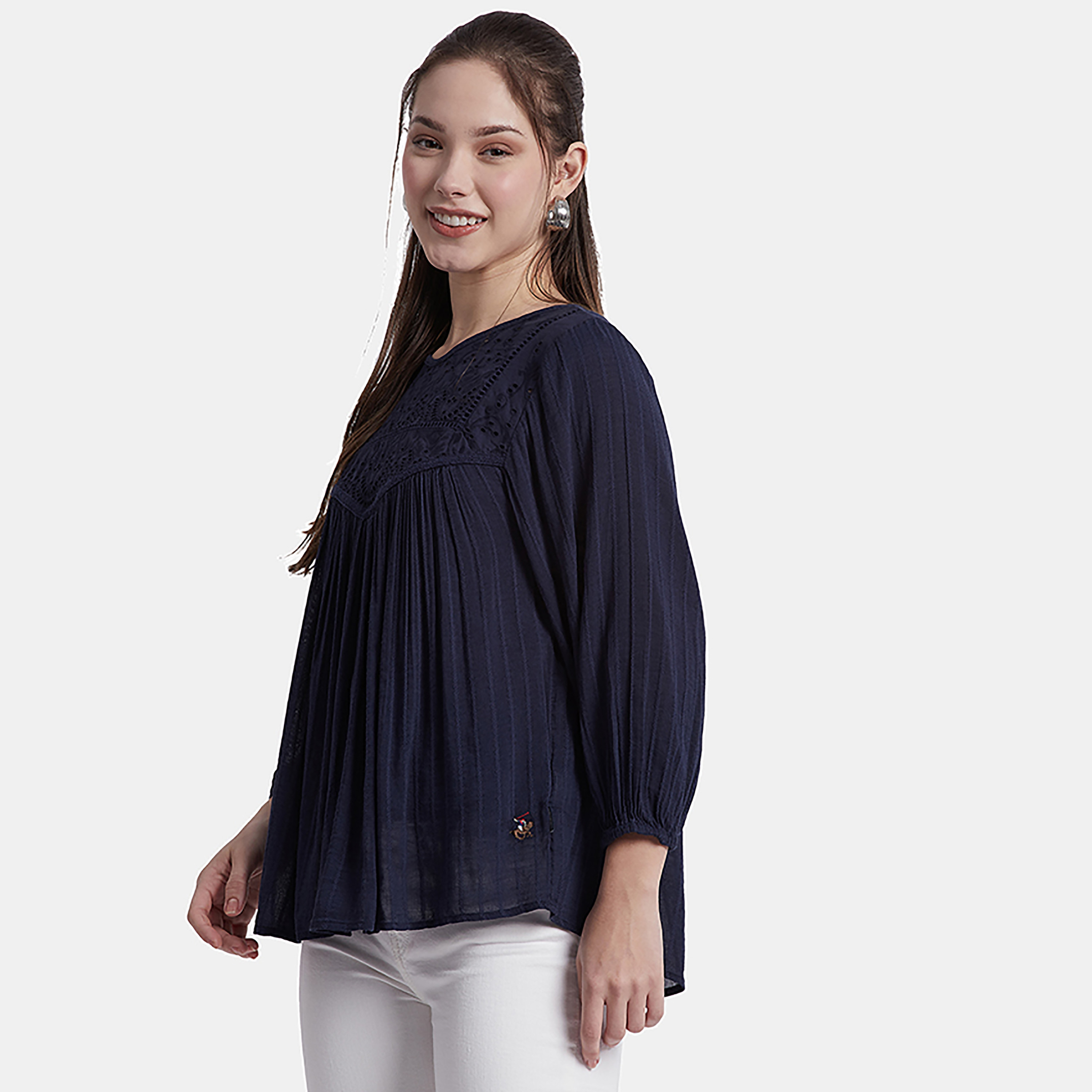 بلوزة بيفرلي هيلز بولو كلوب ذو شيفلي بياقة قارب ذو مطرز وأكمام أسقف-women-clothing-shirtsandblouses-blouses-image-2
