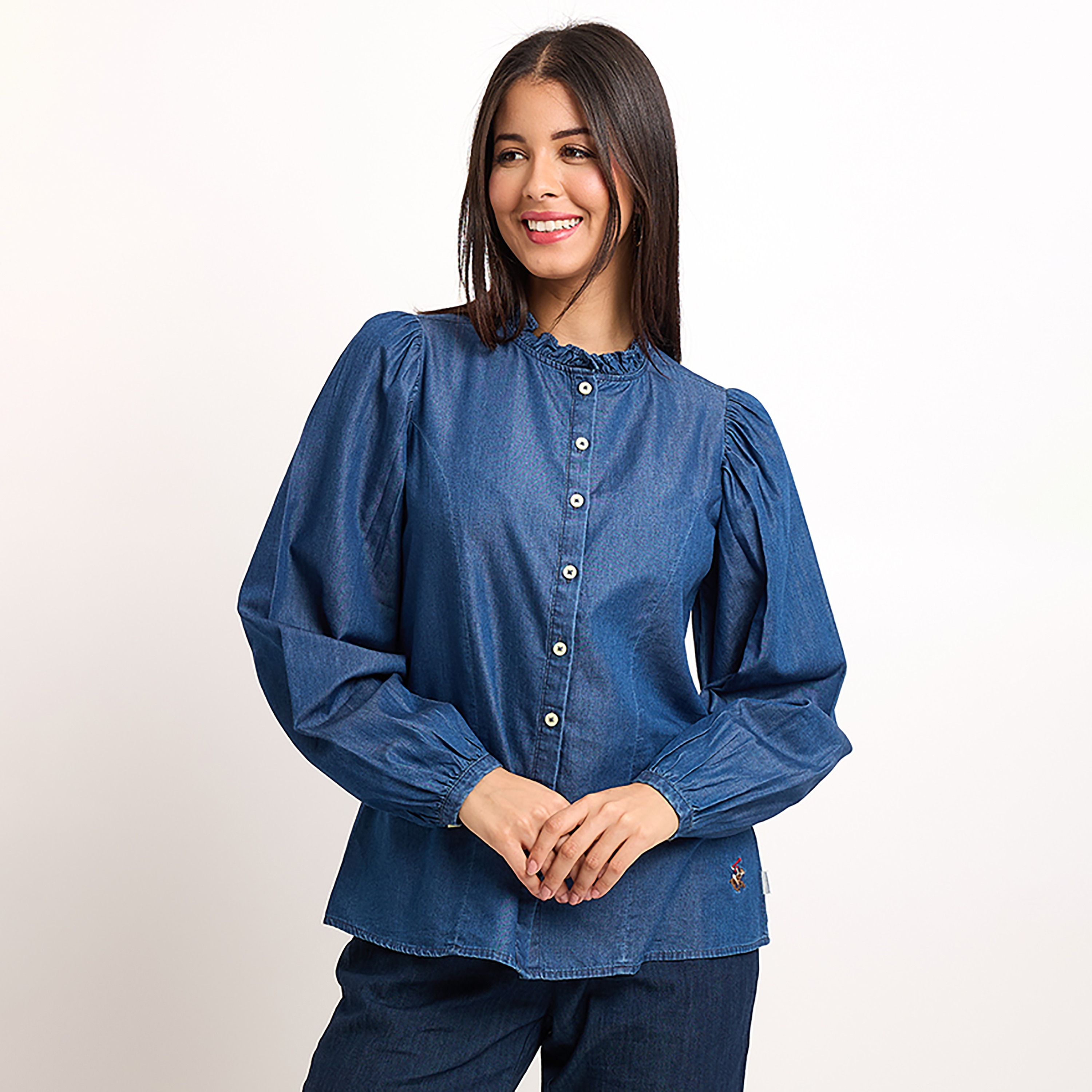 Beverly Hills Polo Club Plain Ruffle Neck Long Sleeves Women's Denim Top-PROMO_CP_BHPC_101125-image-1