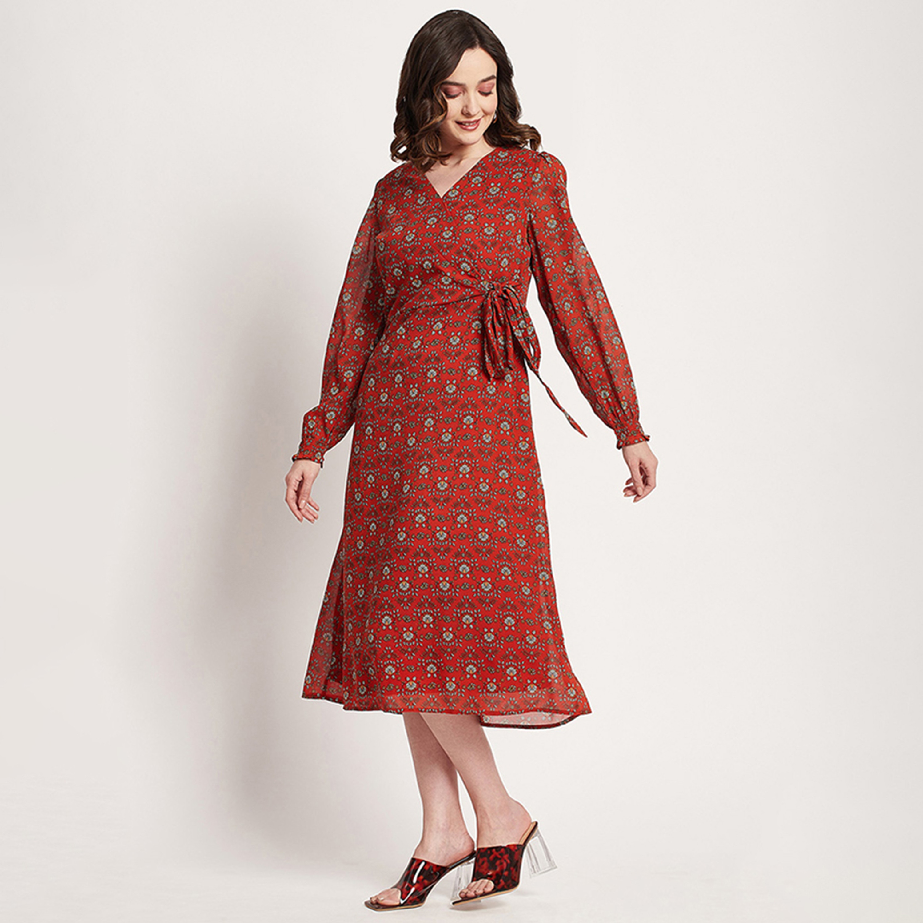 فستان ميدي ذو ملفوف مع مطبوع من بيفرلي هيلز بولو كلوب بفتحة رقبة على شكل وي-women-clothing-dresses-image-2