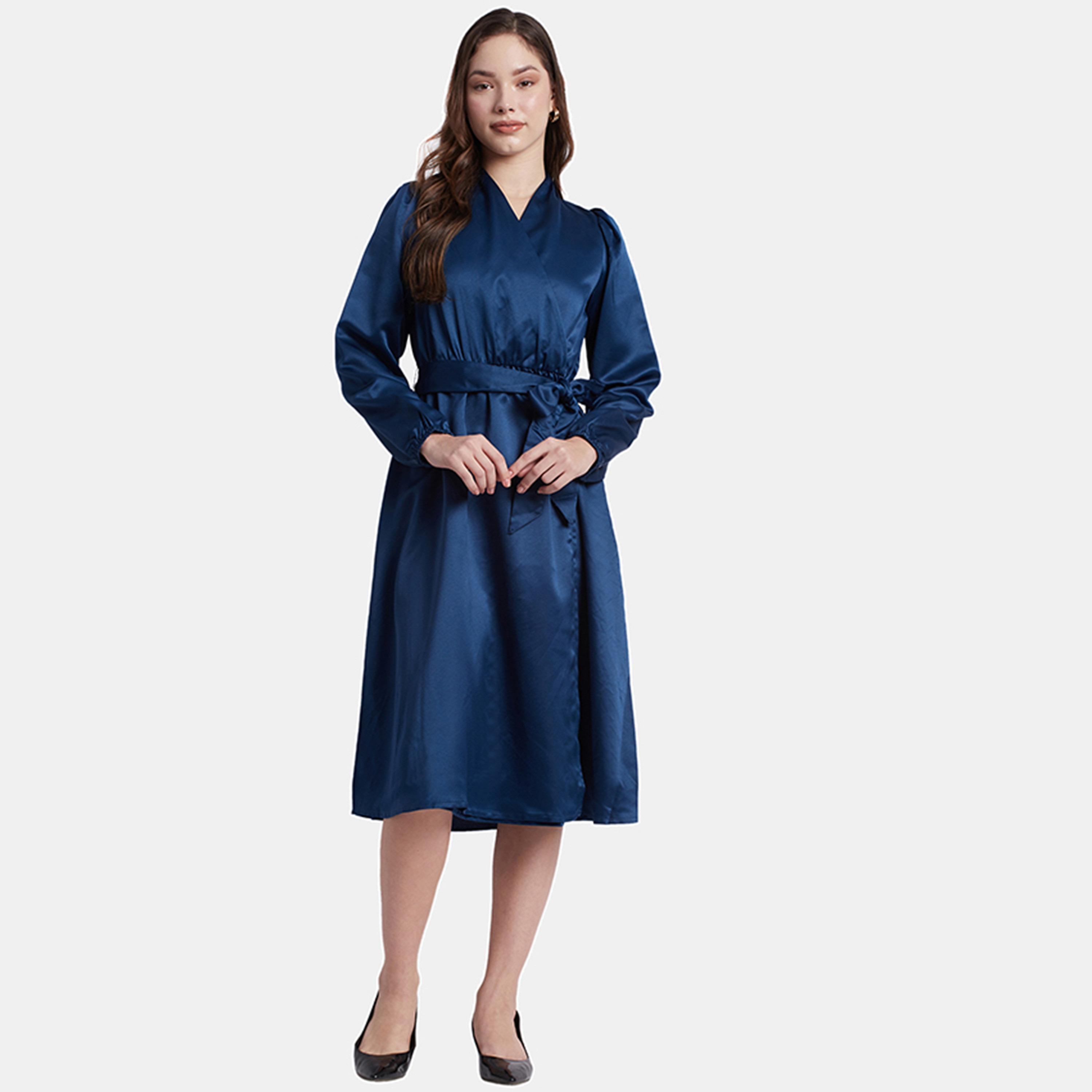 فستان ميدي ذو ملفوف سادة من بيفرلي هيلز بولو كلوب بفتحة رقبة على شكل وي مع حزام-women-clothing-dresses-image-1