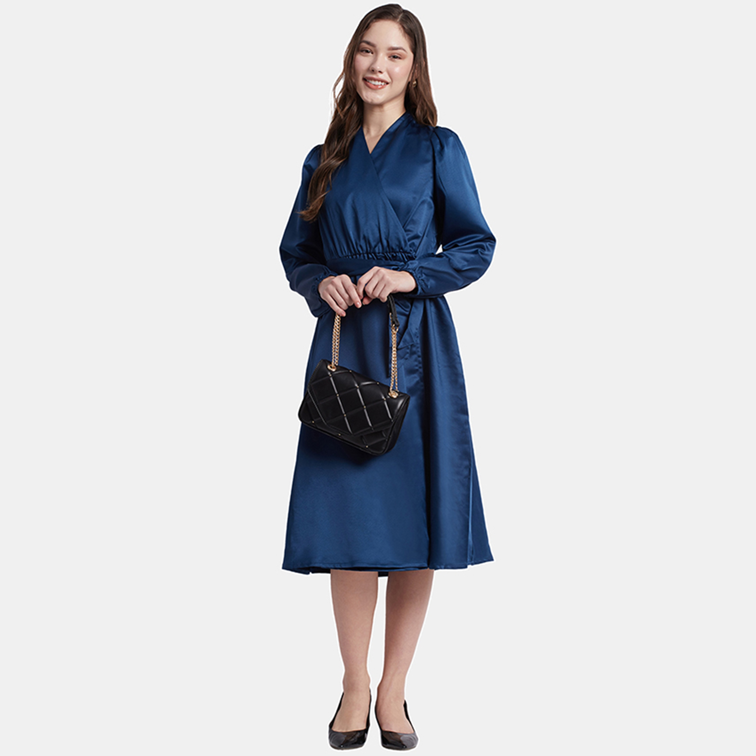 فستان ميدي ذو ملفوف سادة من بيفرلي هيلز بولو كلوب بفتحة رقبة على شكل وي مع حزام-women-clothing-dresses-image-2