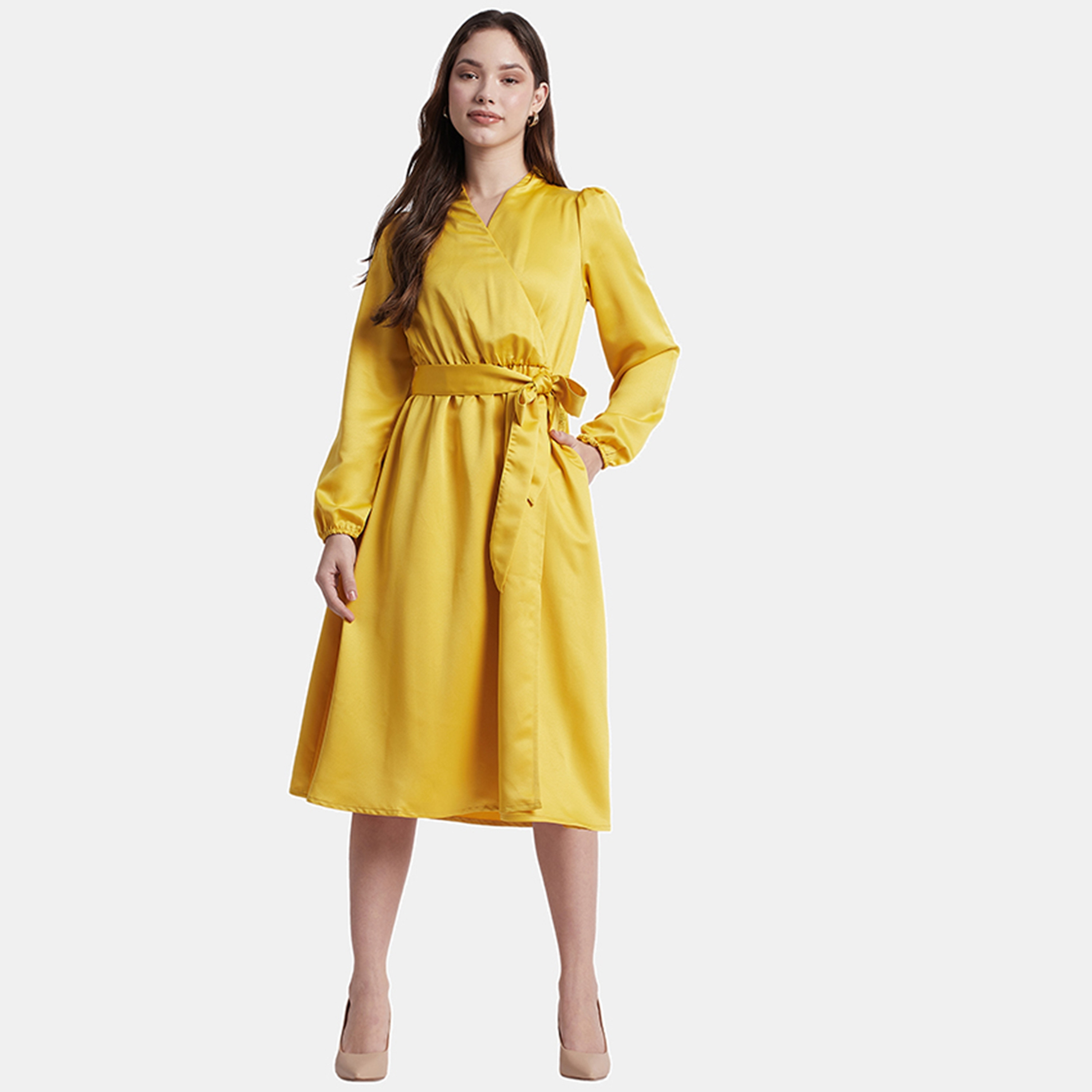 Beverly Hills Polo Club Plain V-Neck Belted Wrap Midi Dress-women-clothing-dresses-image-1
