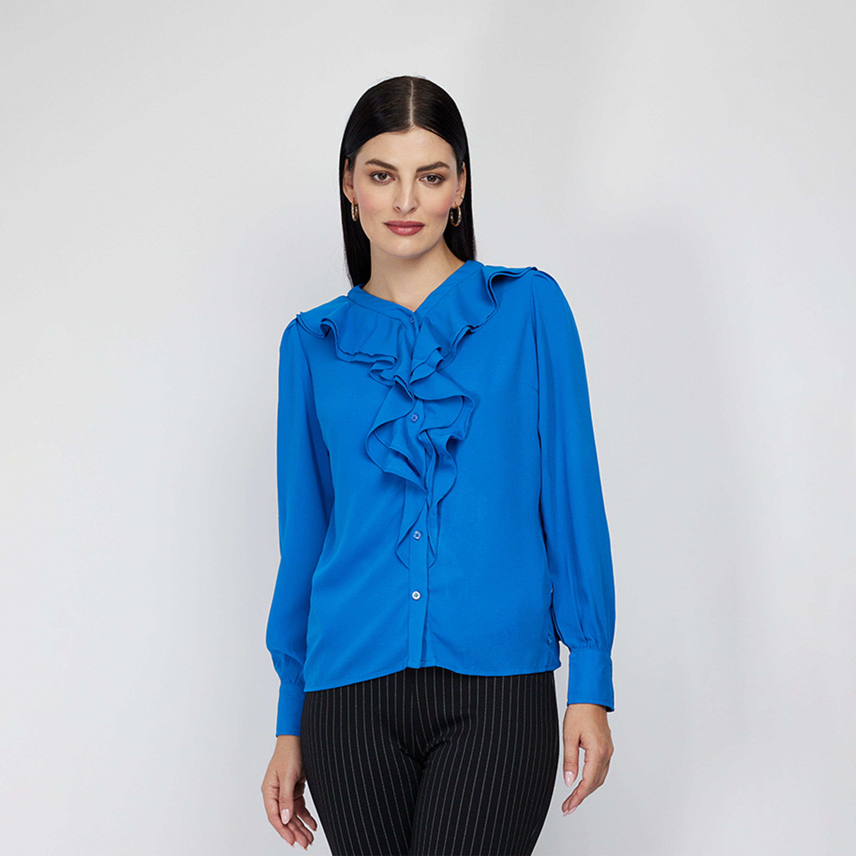 Beverly Hills Polo Club Ruffle V-neck Top with Puff Sleeves-women-clothing-tshirts-image-1