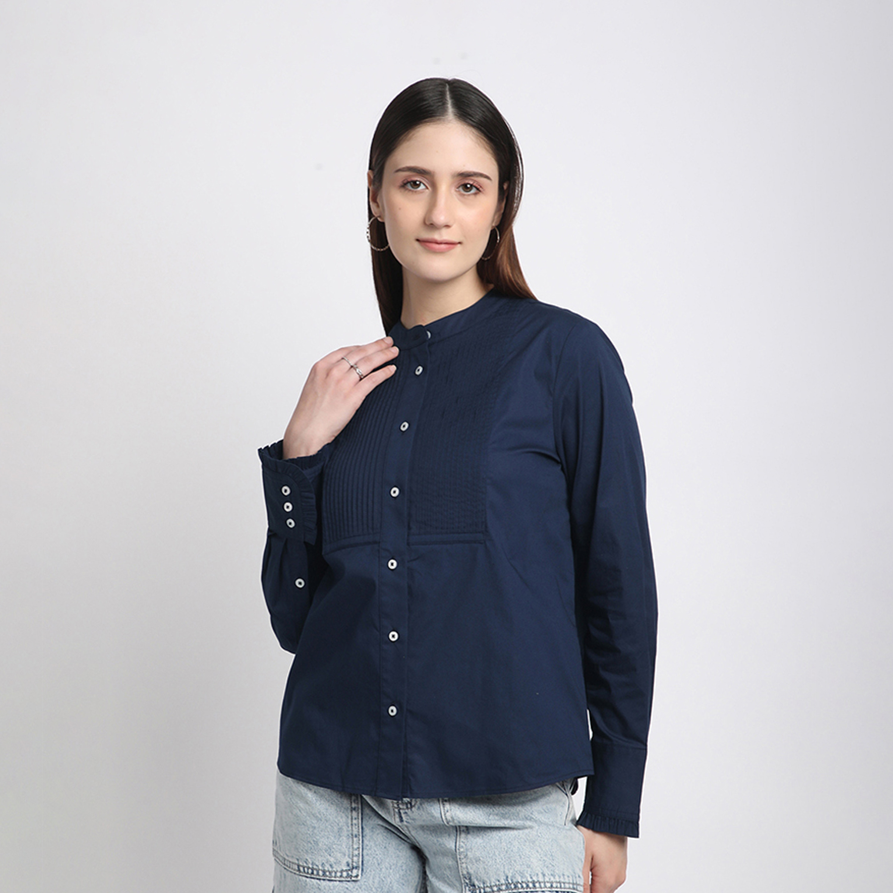 بيفرلي هيلز كلوب-  قميص ماندارين للنساء بأكمام طويلة مع تفاصيل بطيات أمامية-women-clothing-shirtsandblouses-shirts-image-1