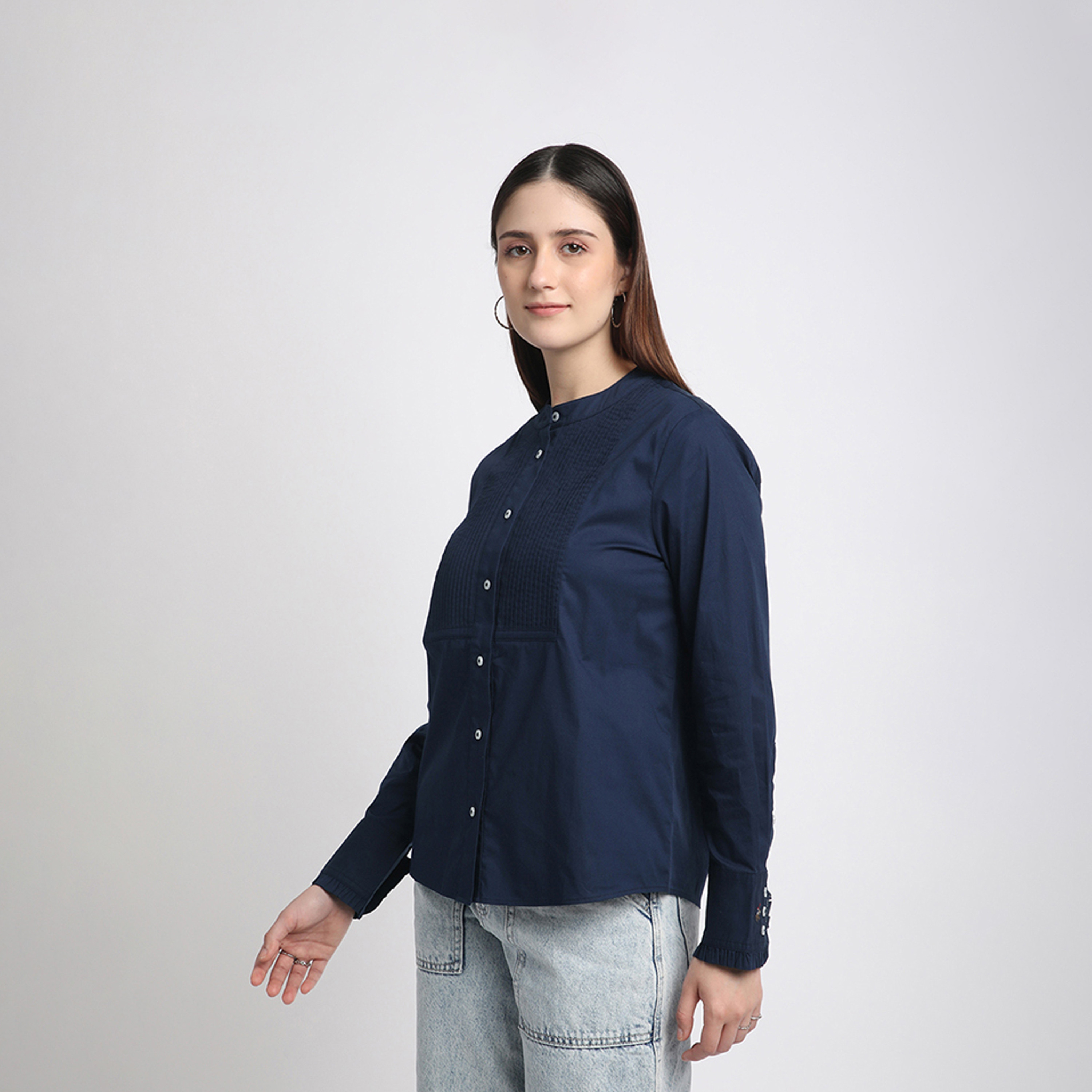 بيفرلي هيلز كلوب-  قميص ماندارين للنساء بأكمام طويلة مع تفاصيل بطيات أمامية-women-clothing-shirtsandblouses-shirts-image-2