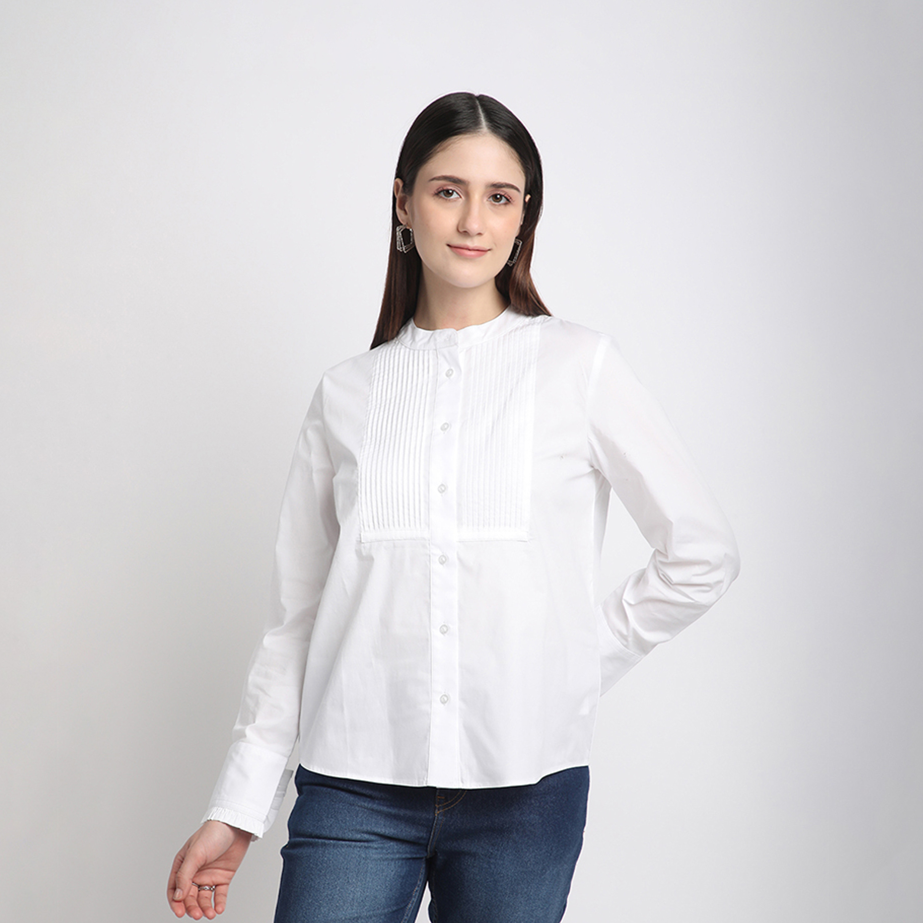بيفرلي هيلز كلوب-  قميص ماندارين للنساء بأكمام طويلة مع تفاصيل بطيات أمامية-women-clothing-shirtsandblouses-shirts-image-5
