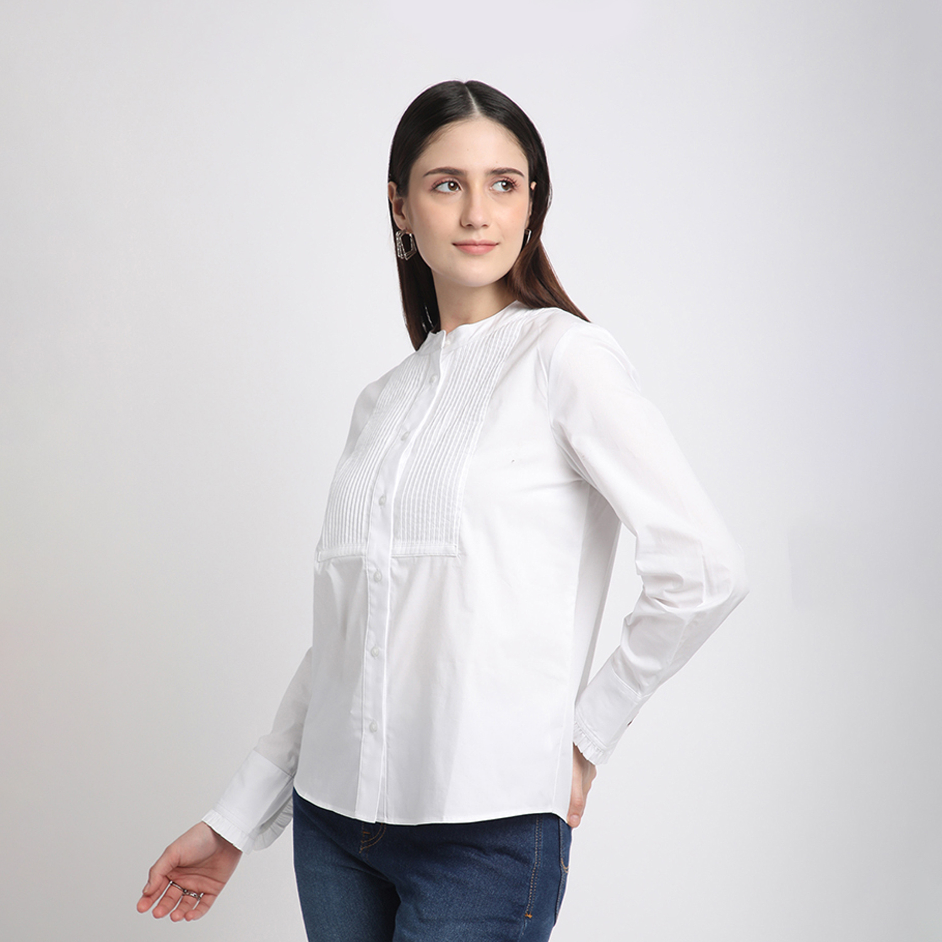 بيفرلي هيلز كلوب-  قميص ماندارين للنساء بأكمام طويلة مع تفاصيل بطيات أمامية-women-clothing-shirtsandblouses-shirts-image-6