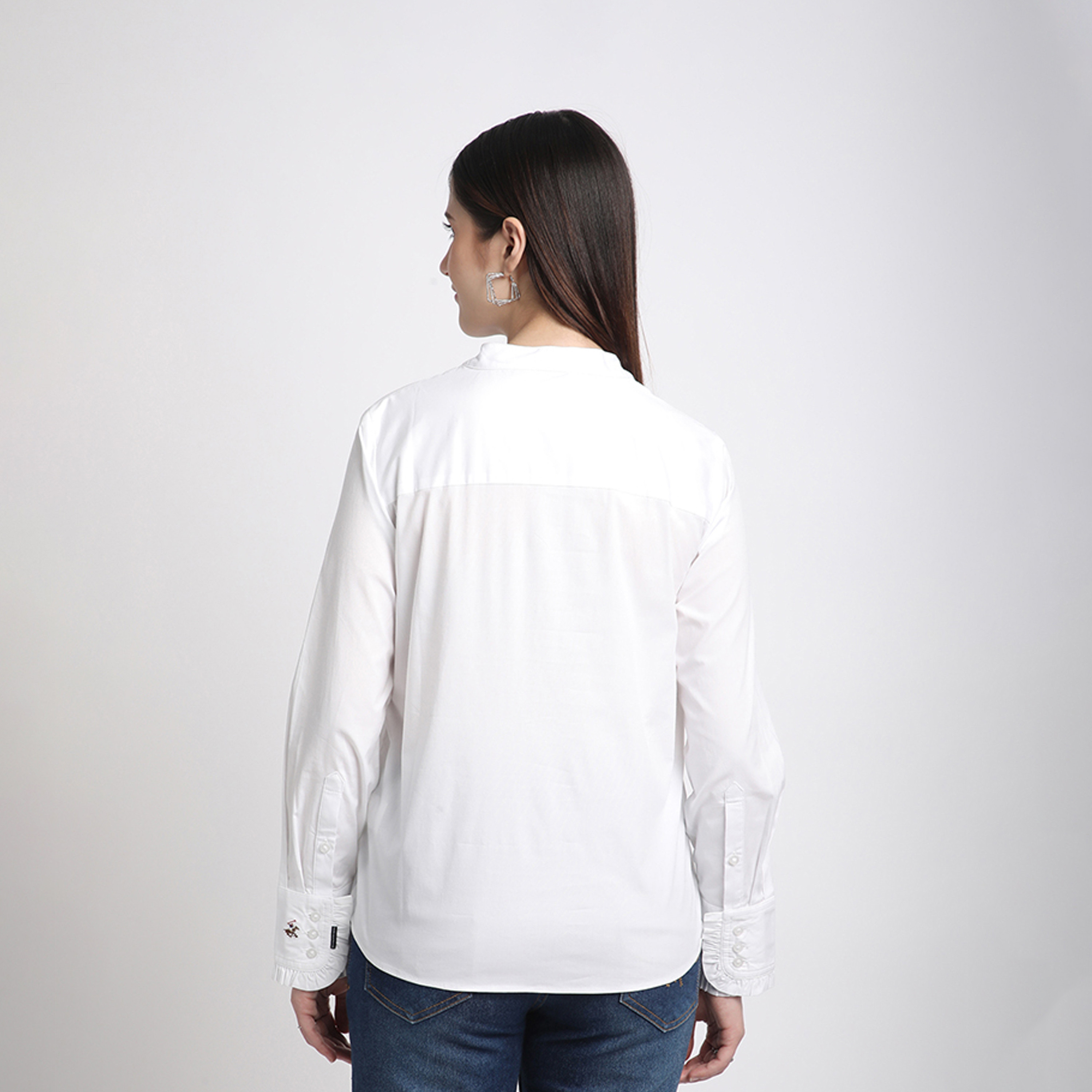 بيفرلي هيلز كلوب-  قميص ماندارين للنساء بأكمام طويلة مع تفاصيل بطيات أمامية-women-clothing-shirtsandblouses-shirts-image-8