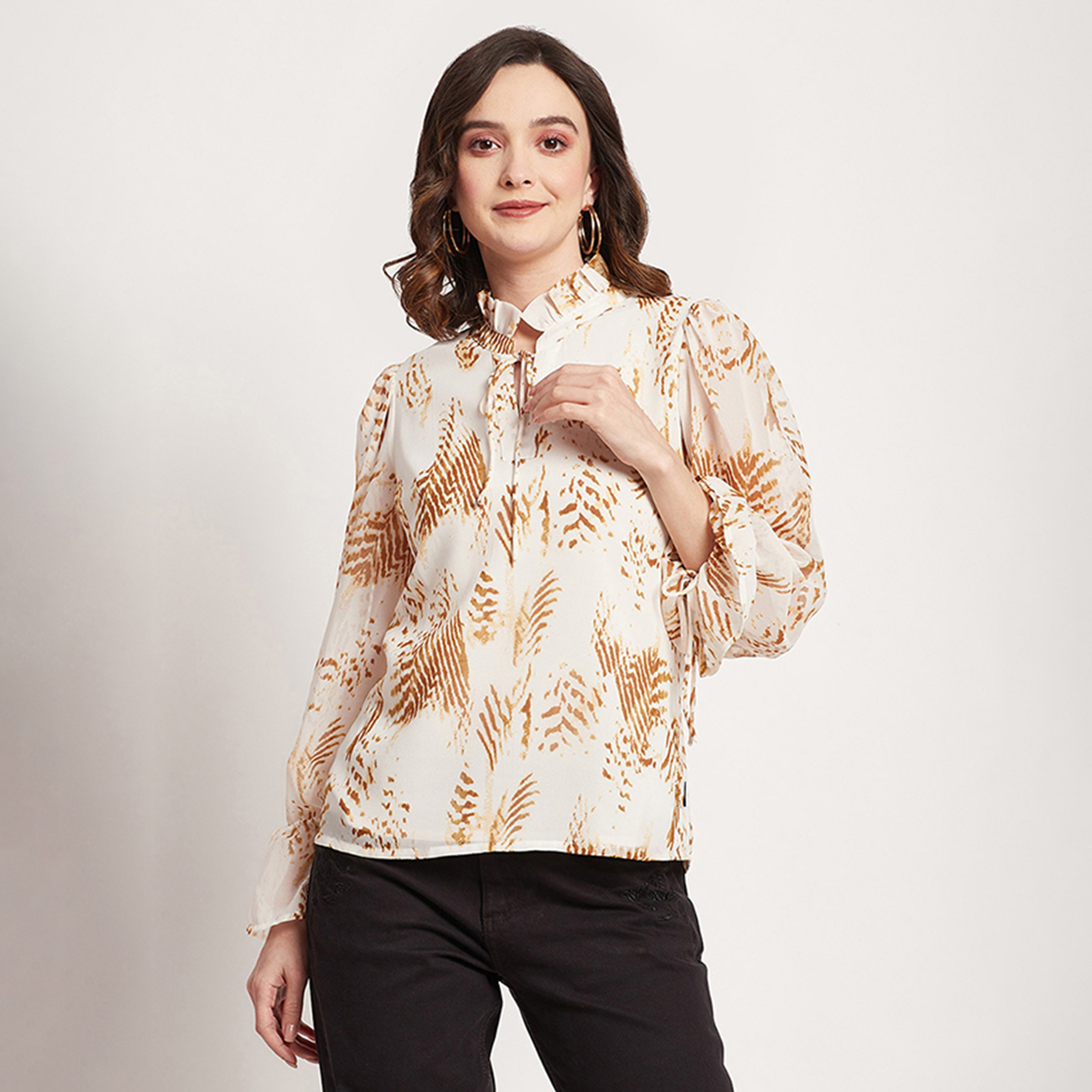 Beverly Hills Polo Club Printed Ruffled Tie Neck Long Sleeves Top-women-clothing-shirtsandblouses-blouses-image-5