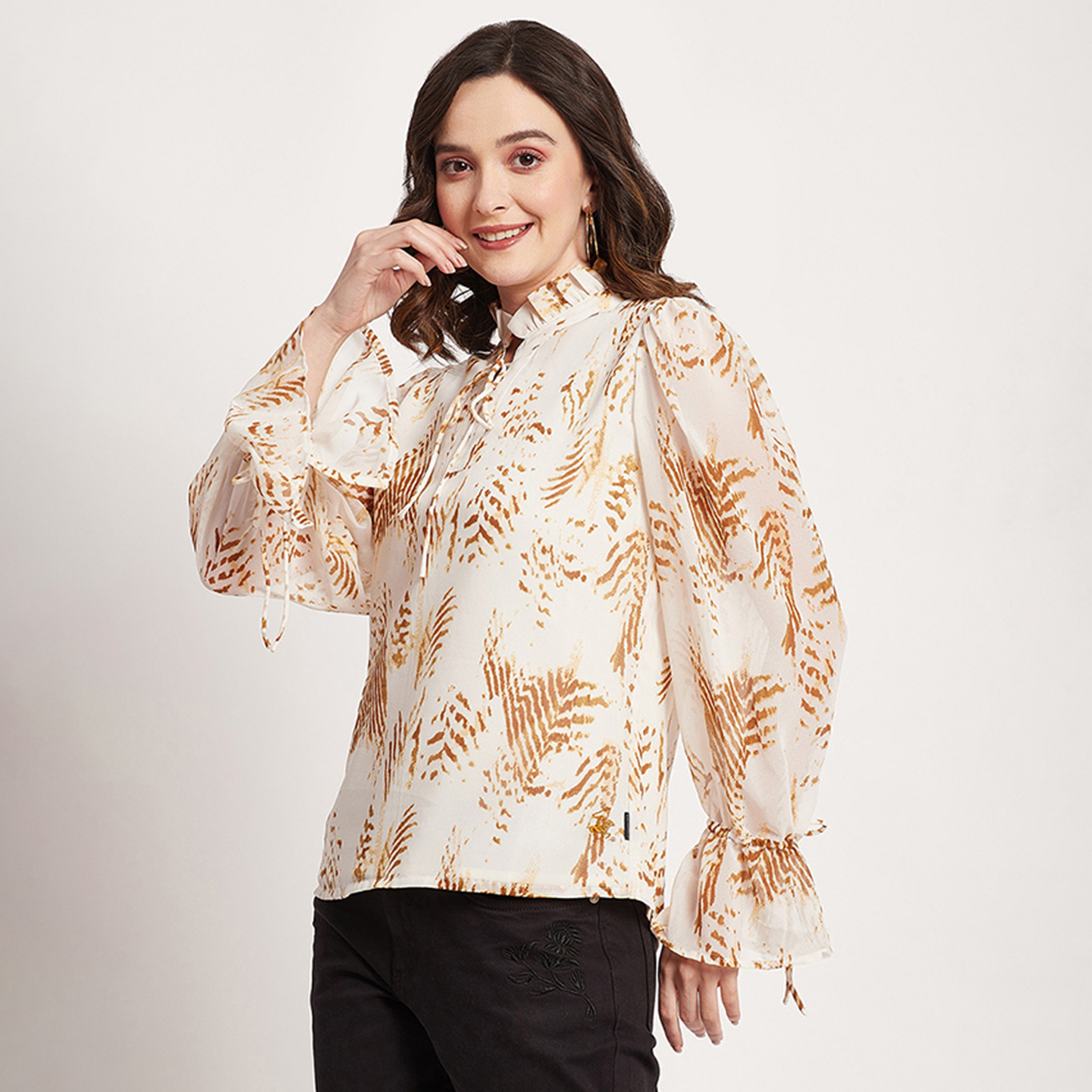 Beverly Hills Polo Club Printed Ruffled Tie Neck Long Sleeves Top-women-clothing-shirtsandblouses-blouses-image-6