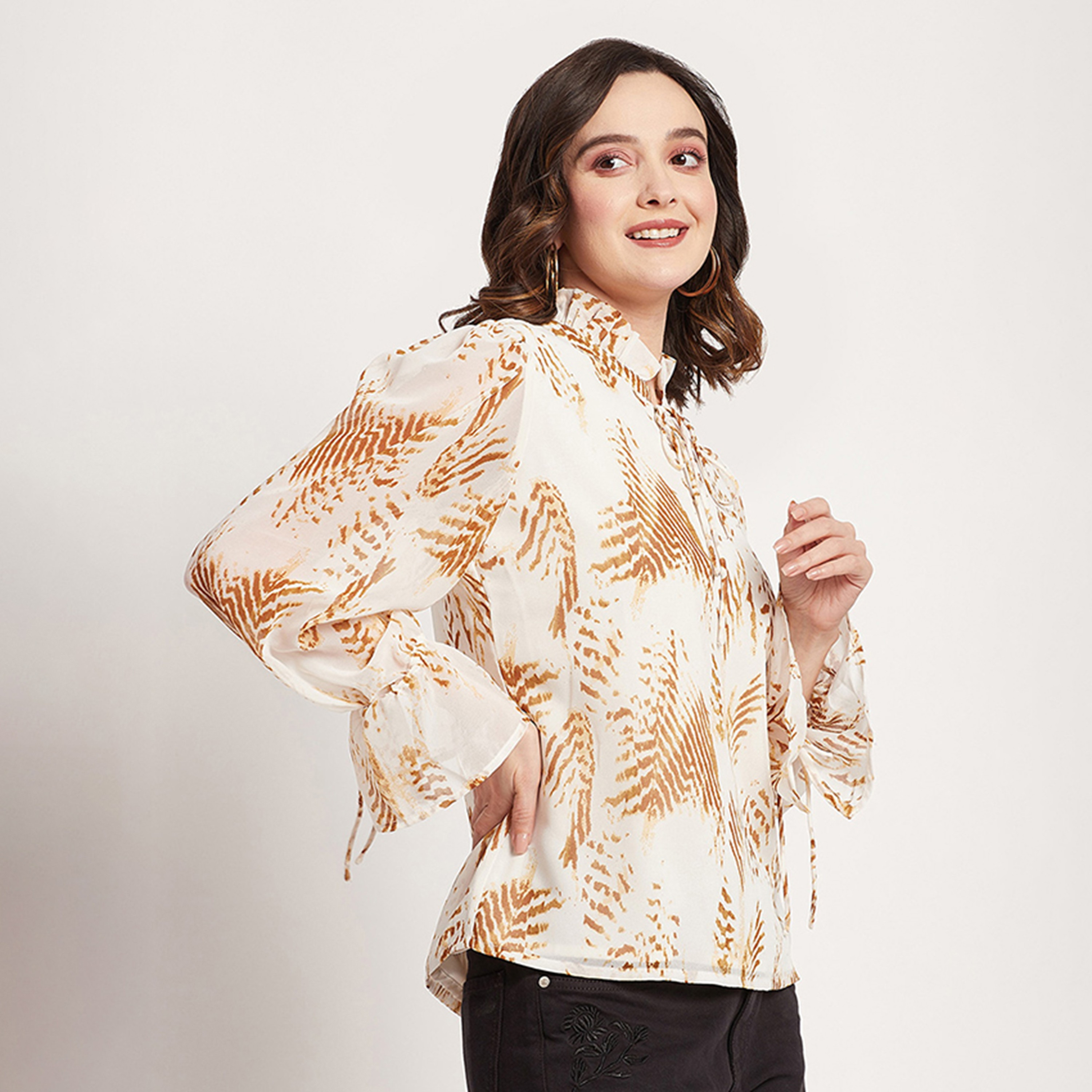Beverly Hills Polo Club Printed Ruffled Tie Neck Long Sleeves Top-women-clothing-shirtsandblouses-blouses-image-7