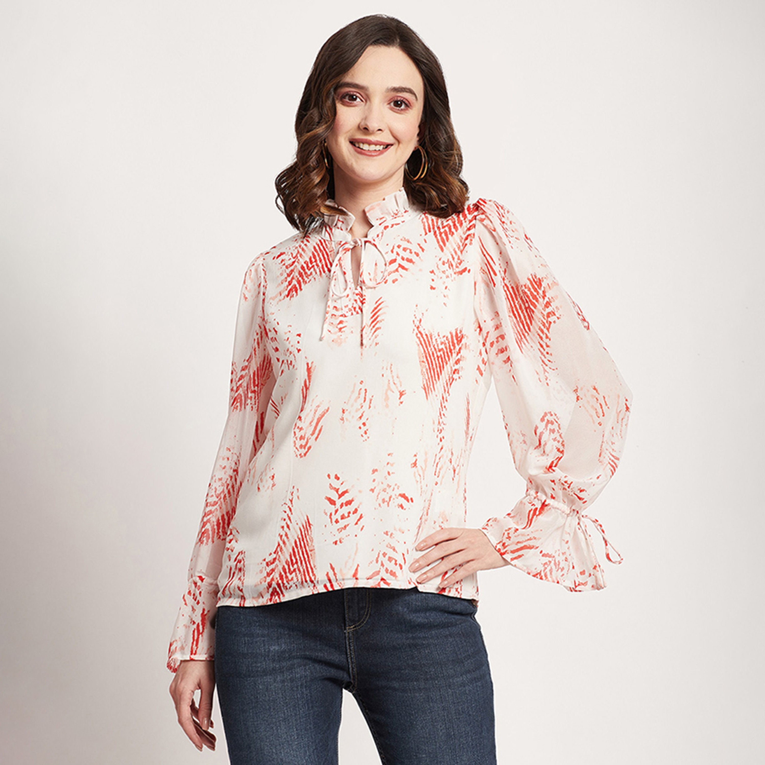 Beverly Hills Polo Club Printed Ruffled Tie Neck Long Sleeves Top-women-clothing-shirtsandblouses-blouses-image-1