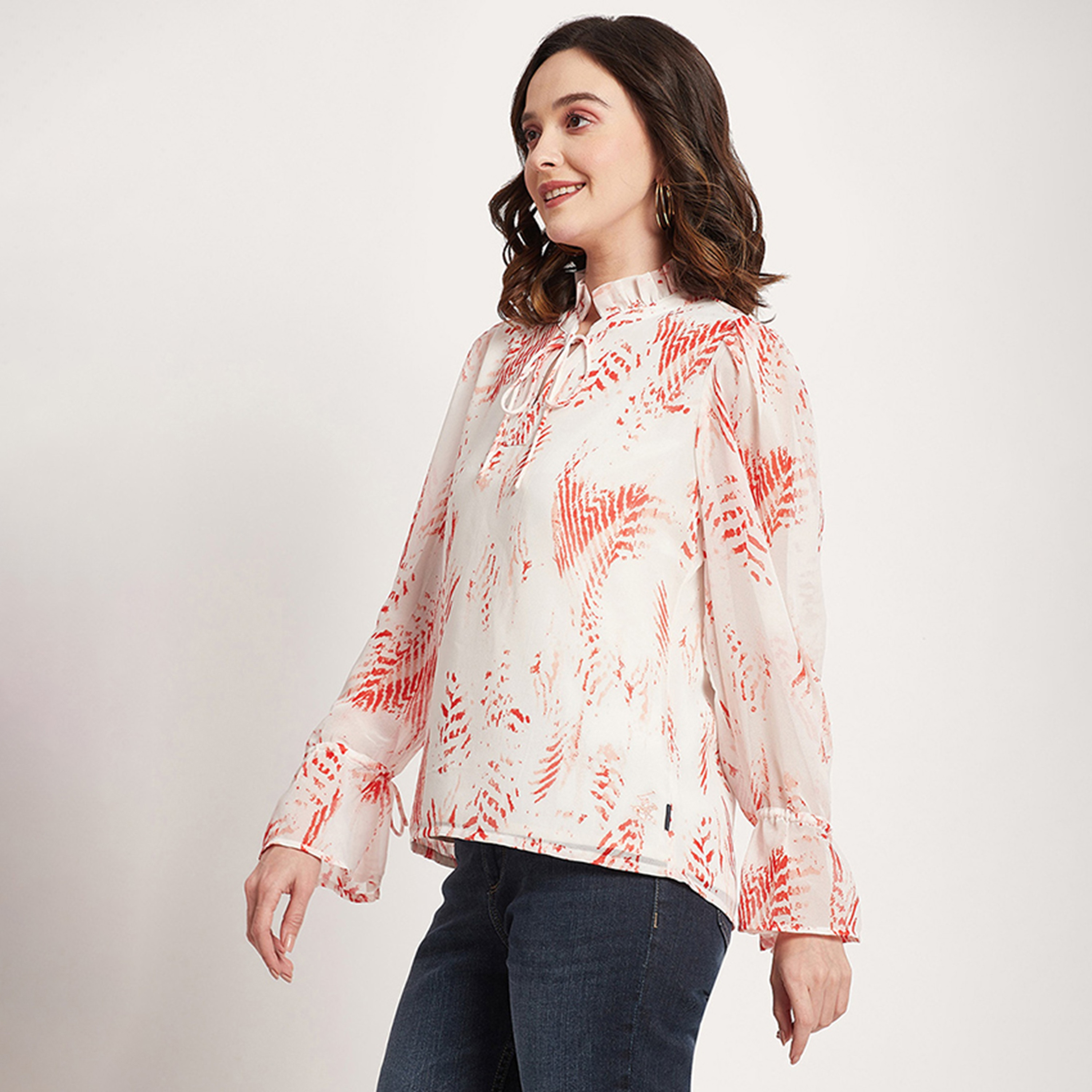 Beverly Hills Polo Club Printed Ruffled Tie Neck Long Sleeves Top-women-clothing-shirtsandblouses-blouses-image-2