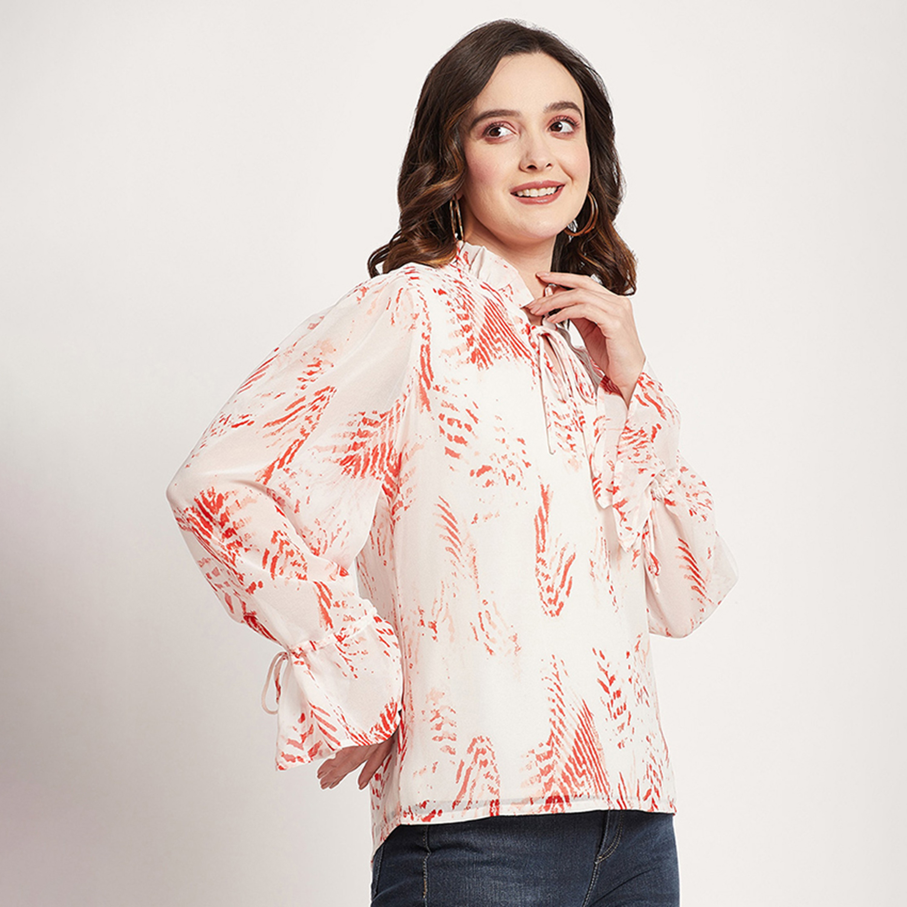 Beverly Hills Polo Club Printed Ruffled Tie Neck Long Sleeves Top-women-clothing-shirtsandblouses-blouses-image-3