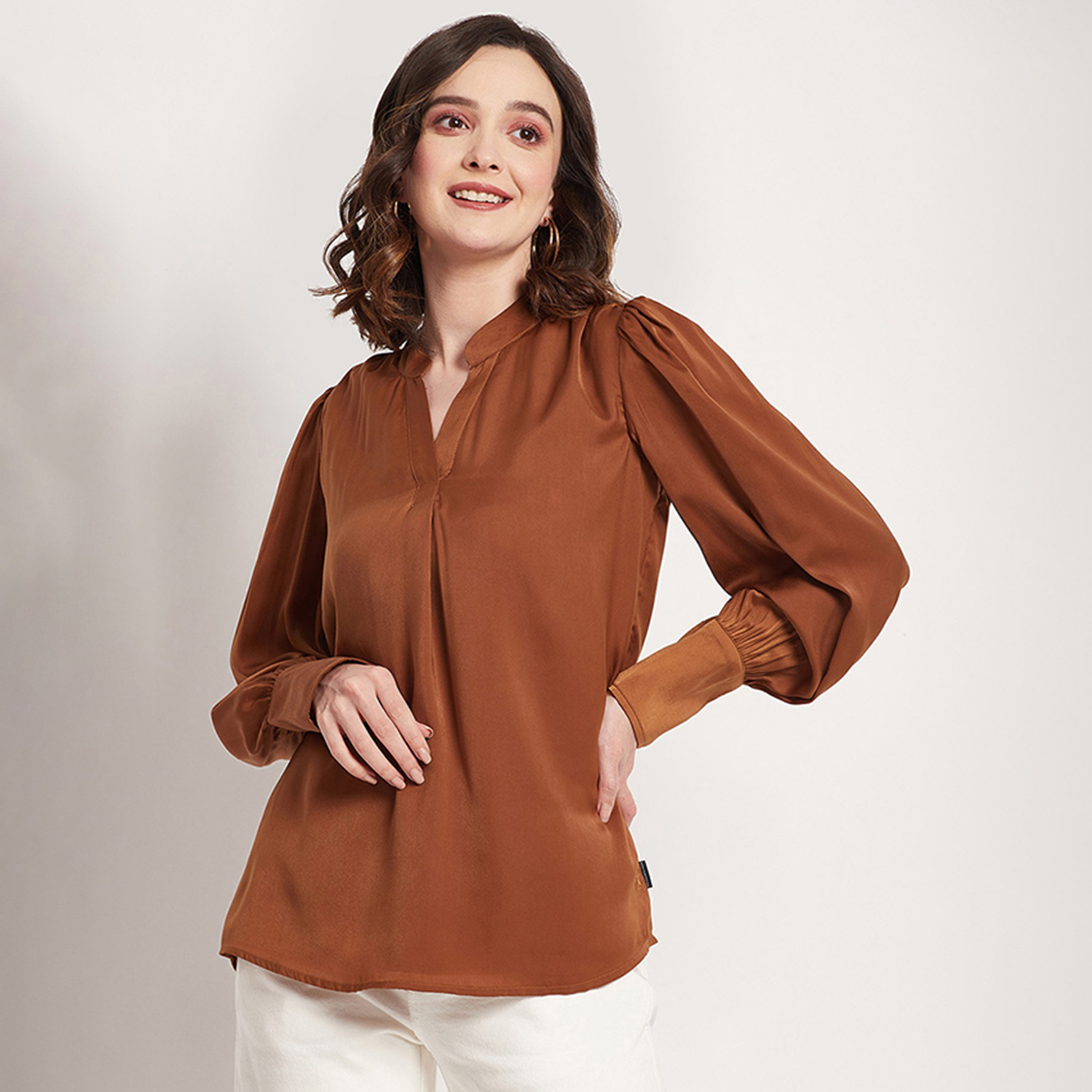 Beverly Hills Polo Club Plain Mandarin Collar Bishop Sleeves Top-women-clothing-shirtsandblouses-blouses-image-1