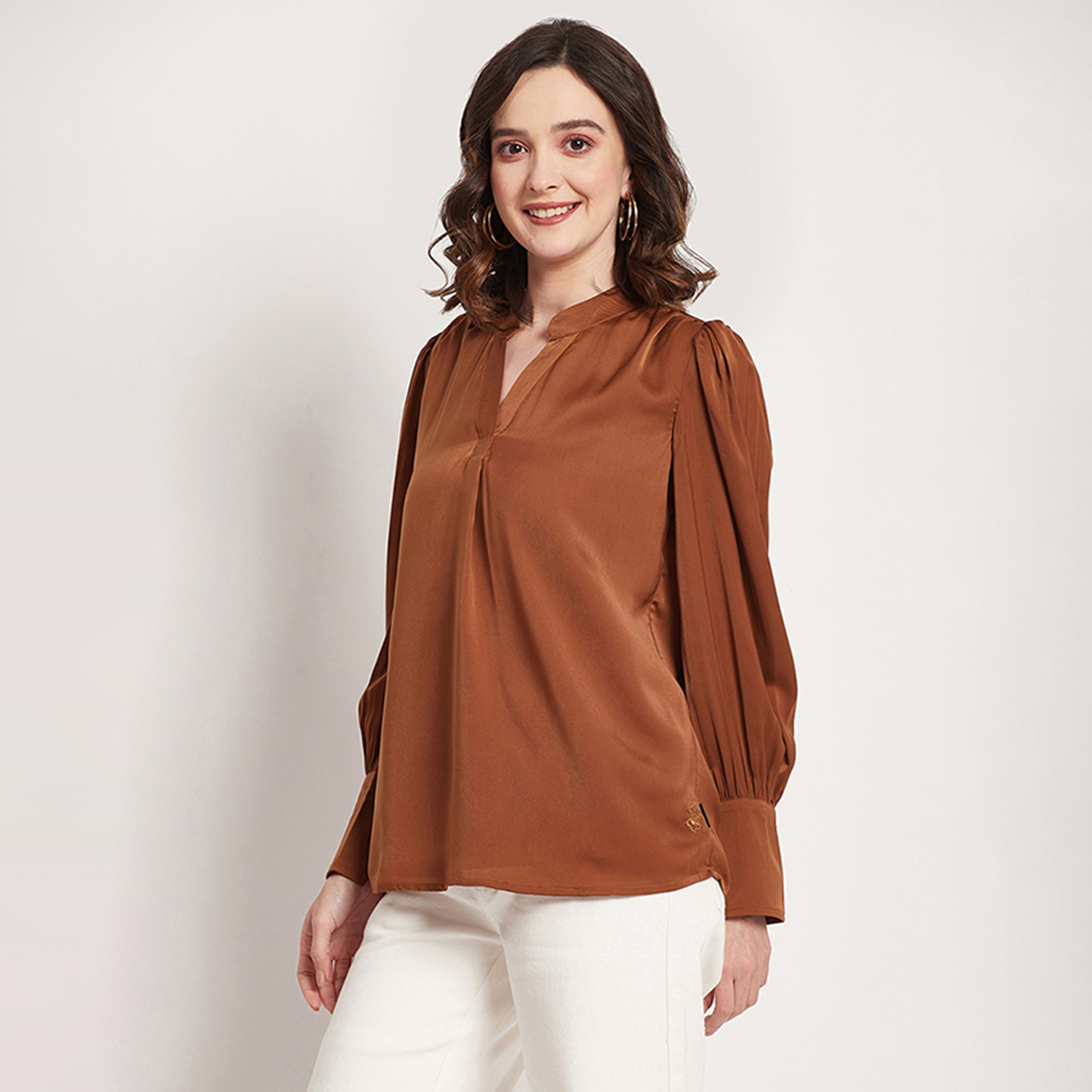 Beverly Hills Polo Club Plain Mandarin Collar Bishop Sleeves Top-women-clothing-shirtsandblouses-blouses-image-2