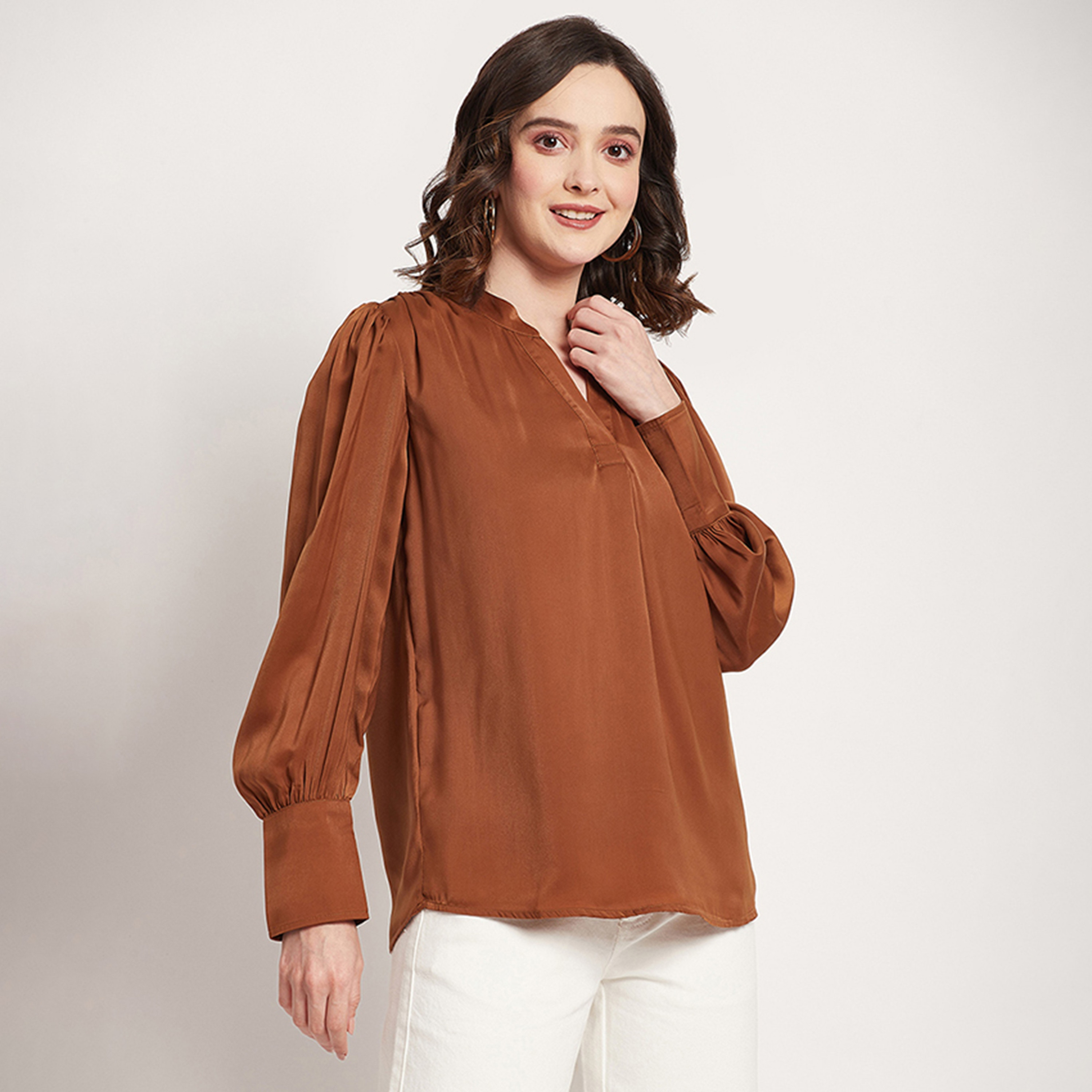 Beverly Hills Polo Club Plain Mandarin Collar Bishop Sleeves Top-women-clothing-shirtsandblouses-blouses-image-3