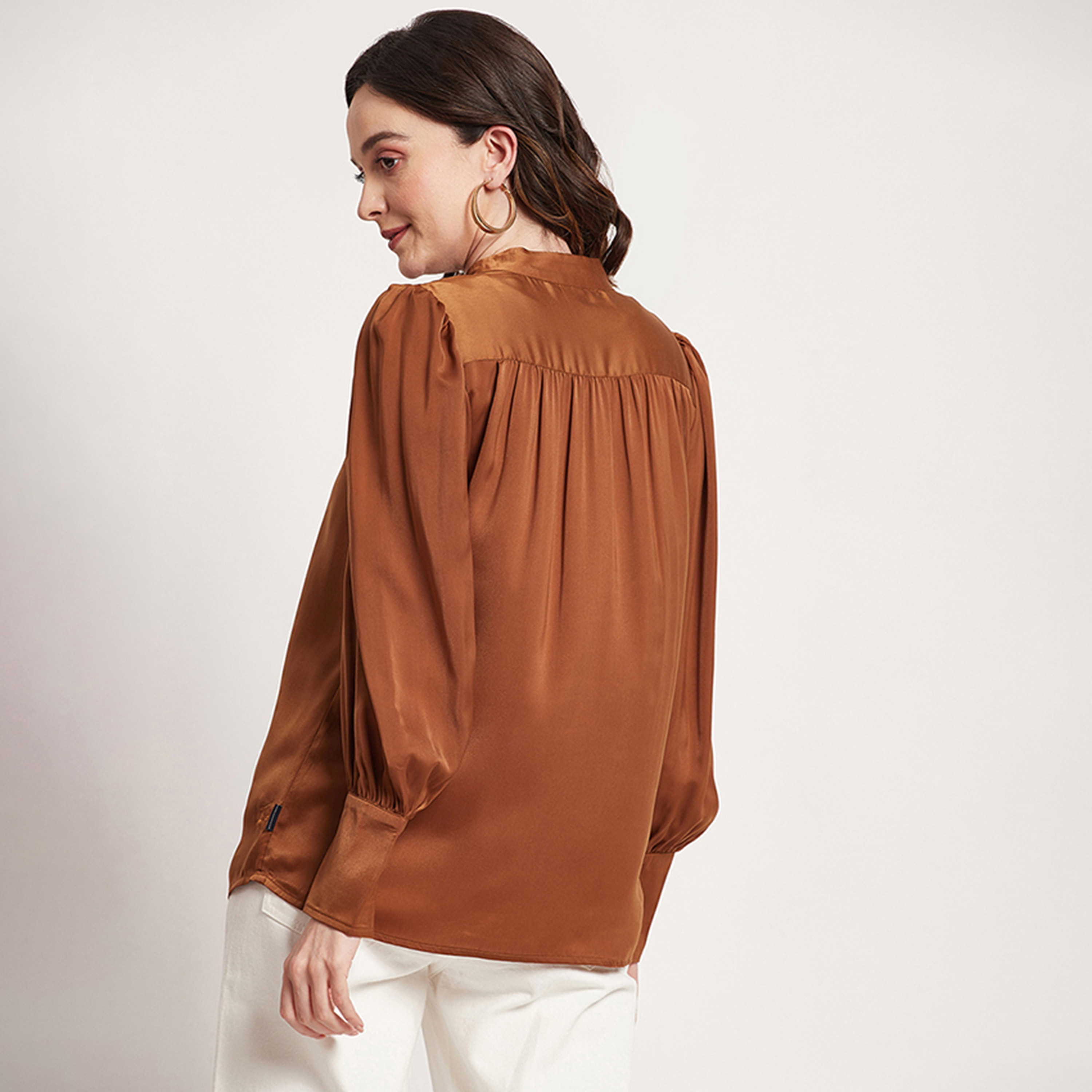 Beverly Hills Polo Club Plain Mandarin Collar Bishop Sleeves Top-women-clothing-shirtsandblouses-blouses-image-4