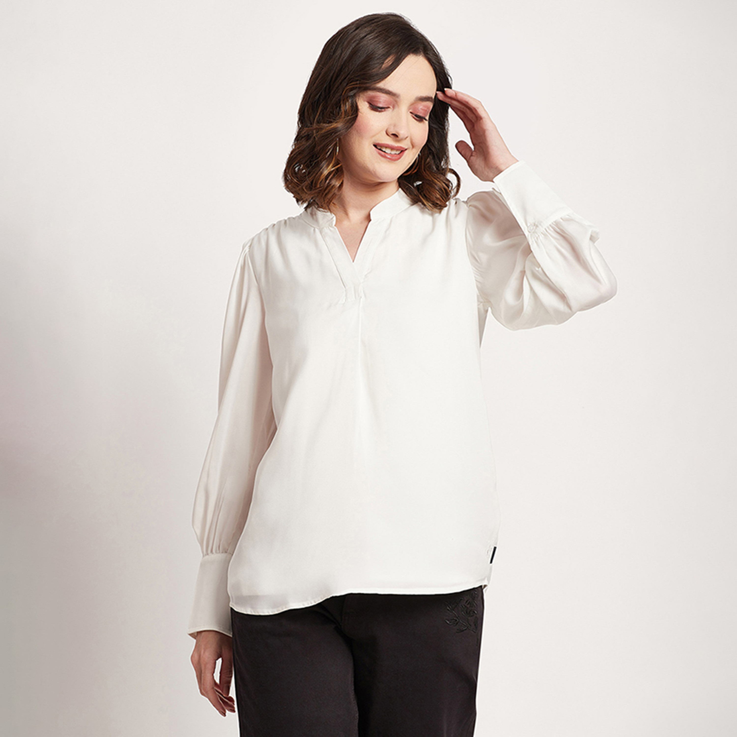 Beverly Hills Polo Club Plain Mandarin Collar Bishop Sleeves Top-women-clothing-shirtsandblouses-blouses-image-1