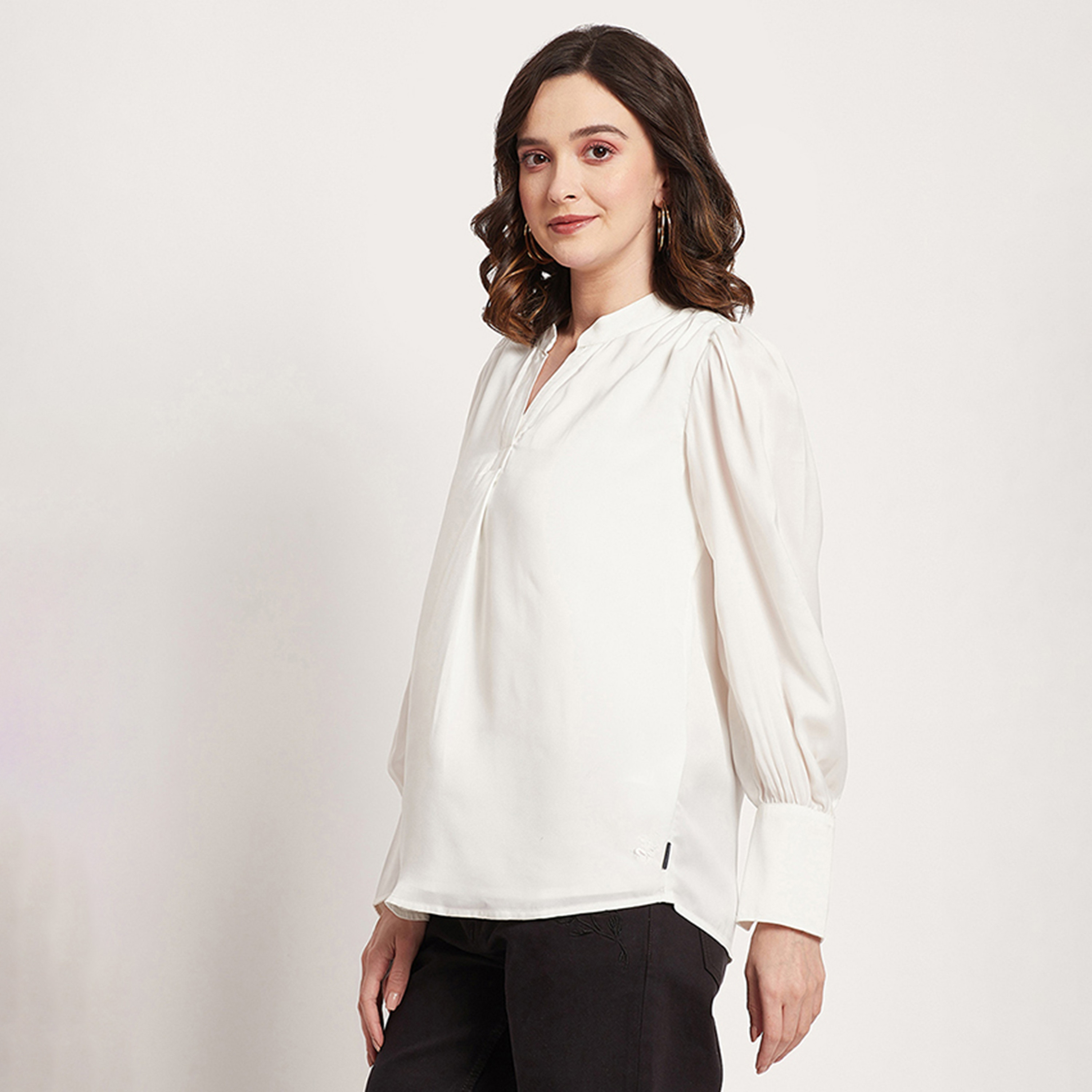 Beverly Hills Polo Club Plain Mandarin Collar Bishop Sleeves Top-women-clothing-shirtsandblouses-blouses-image-2