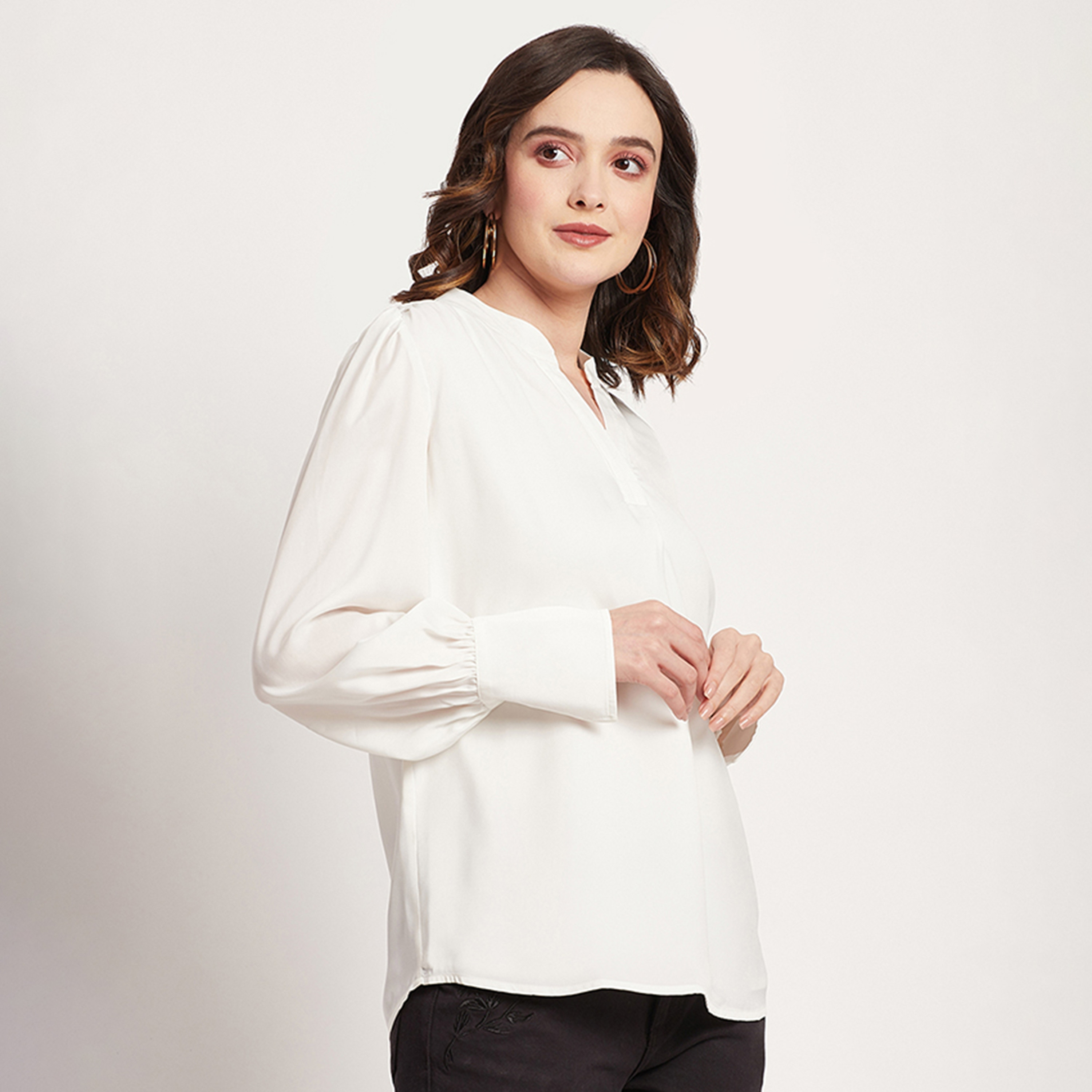 Beverly Hills Polo Club Plain Mandarin Collar Bishop Sleeves Top-women-clothing-shirtsandblouses-blouses-image-3