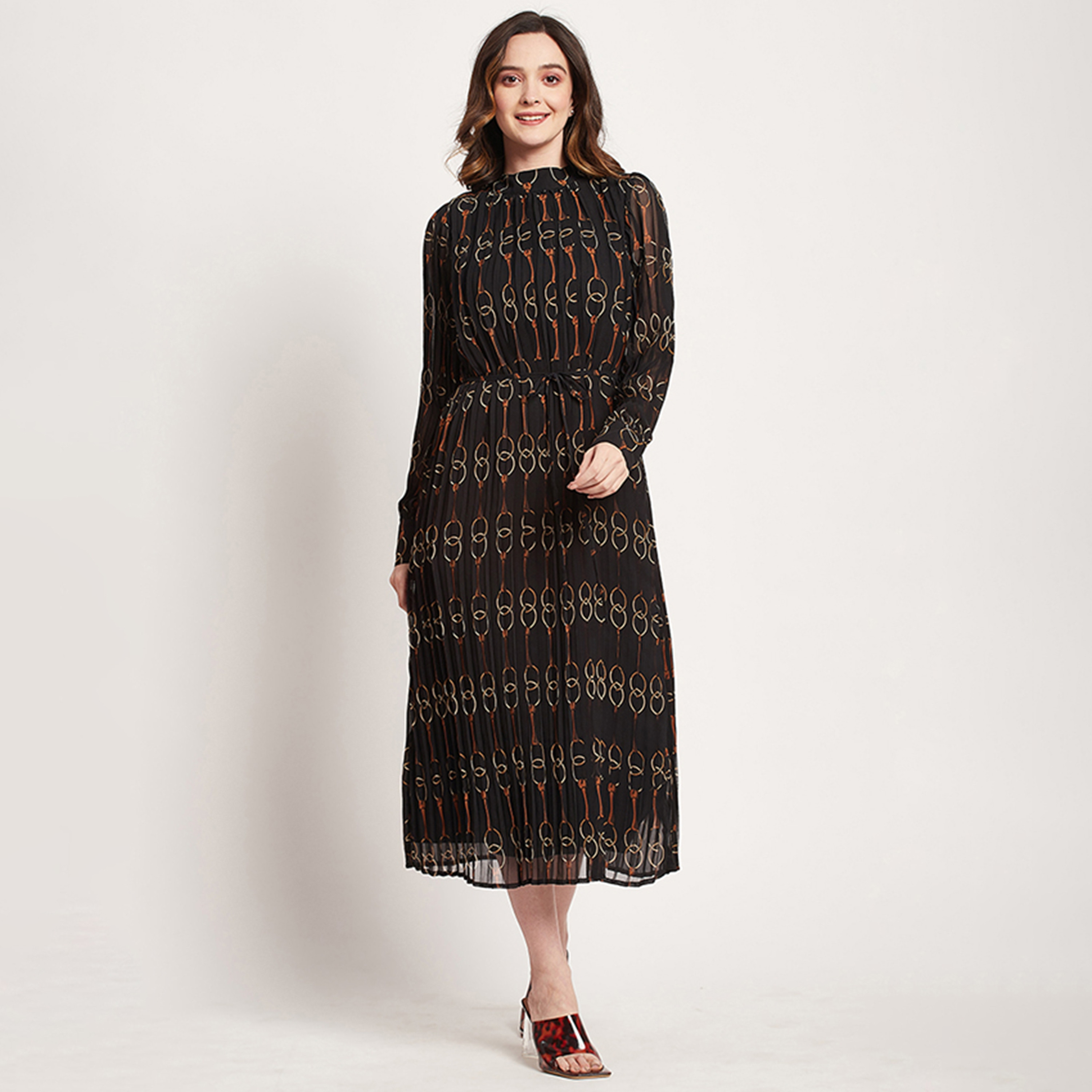 فستان ميدي بطيات بياقة موك مع مطبوع من بيفرلي هيلز بولو كلوب-women-clothing-dresses-image-1