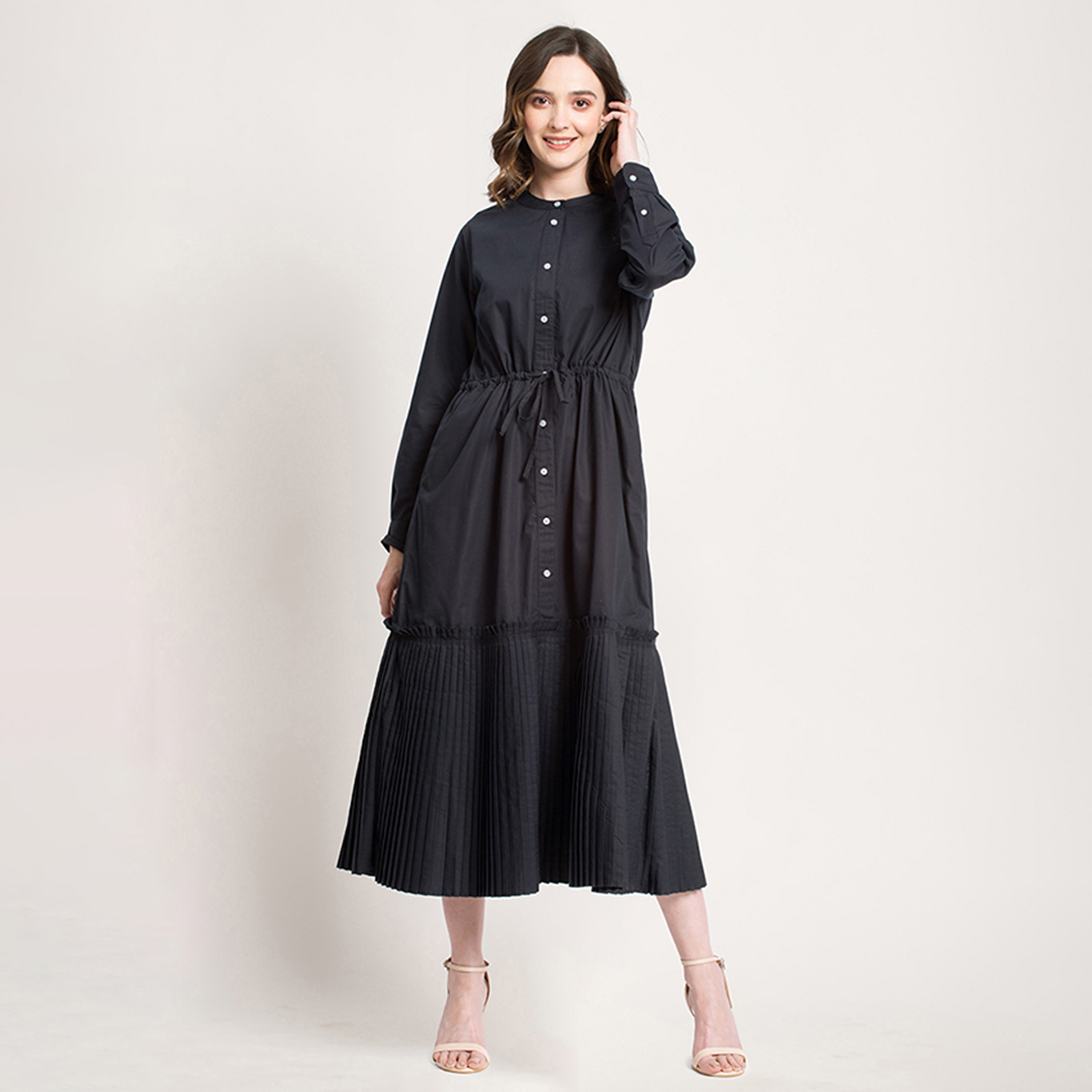 Beverly Hills Polo Club Plain Round Neck Pleated Midi Dress-women-clothing-dresses-image-1
