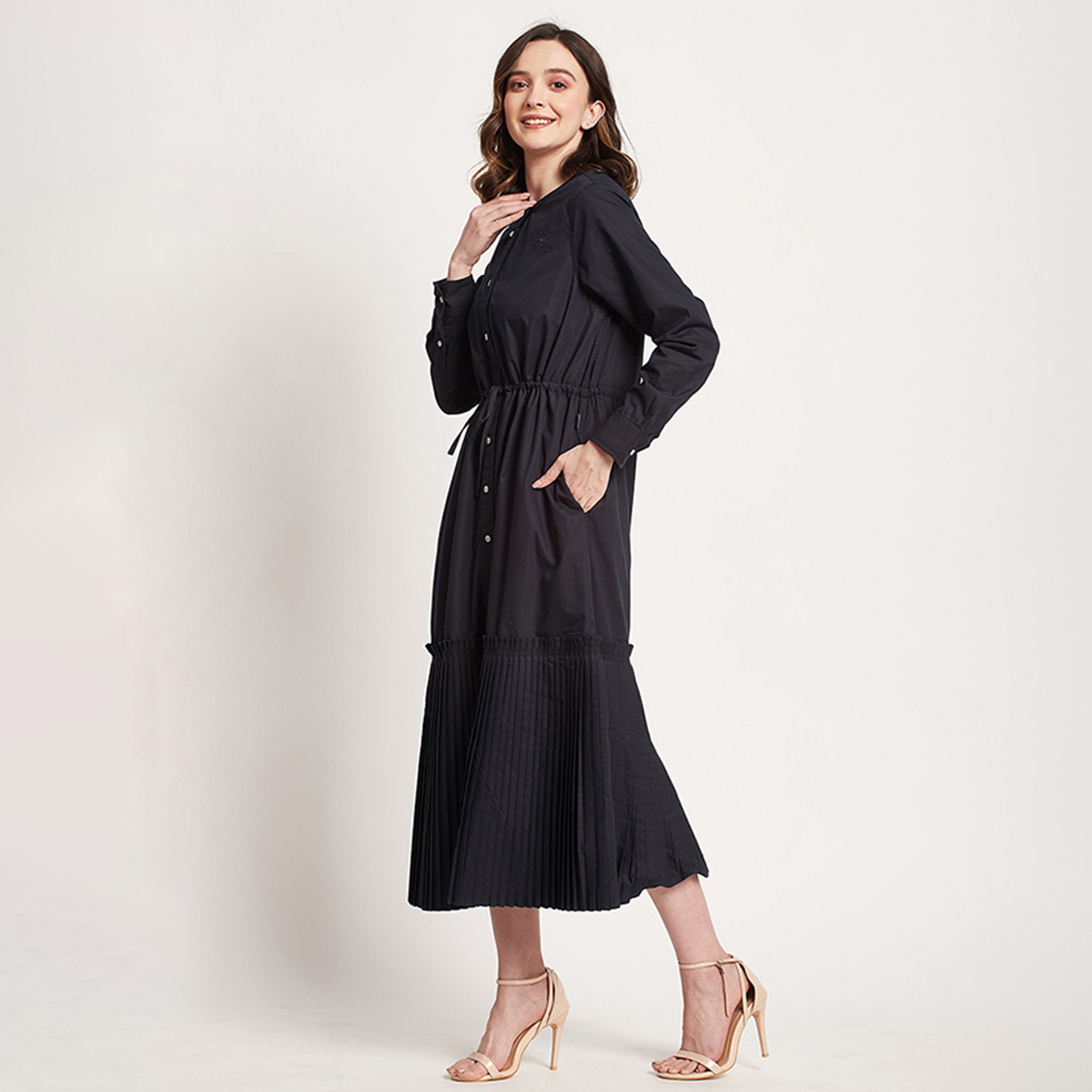 Beverly Hills Polo Club Plain Round Neck Pleated Midi Dress-women-clothing-dresses-image-2