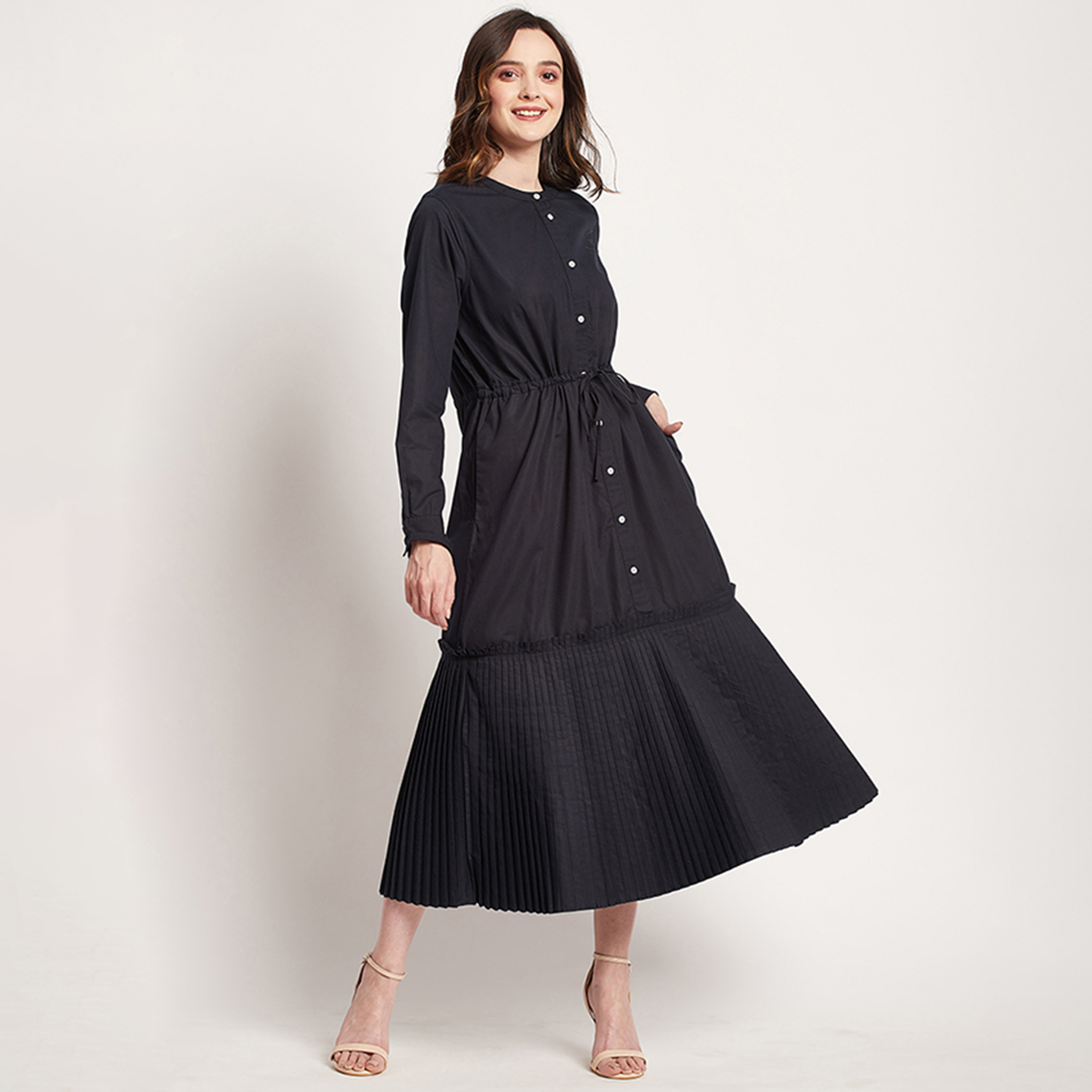 Beverly Hills Polo Club Plain Round Neck Pleated Midi Dress-women-clothing-dresses-image-3
