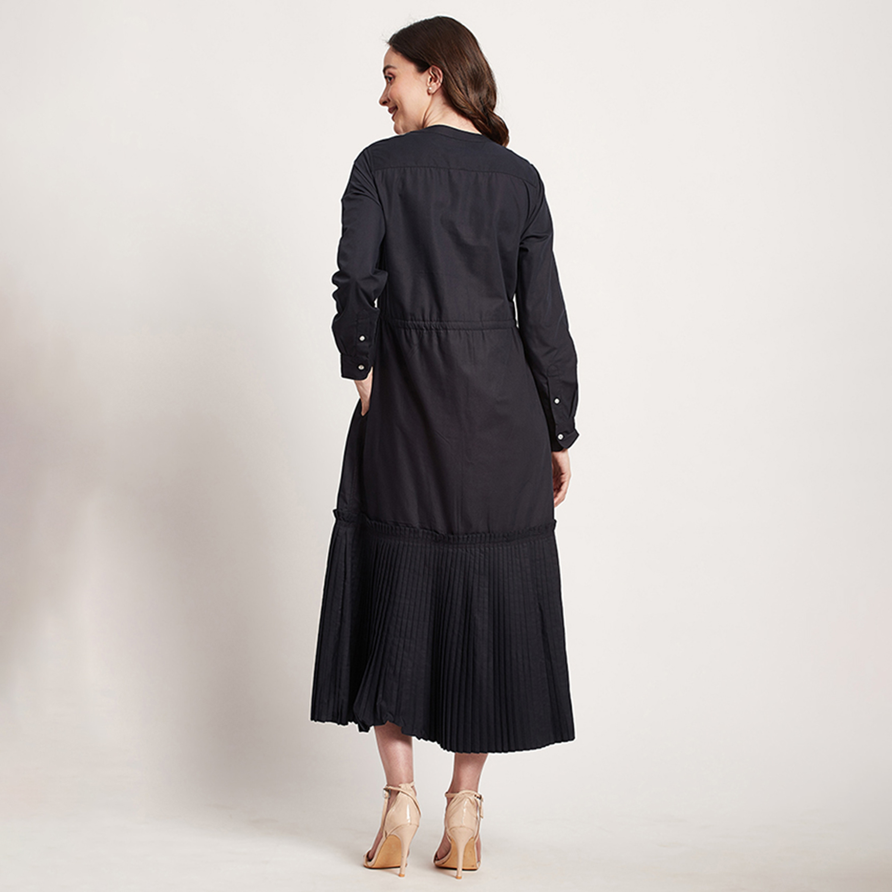 Beverly Hills Polo Club Plain Round Neck Pleated Midi Dress-women-clothing-dresses-image-4