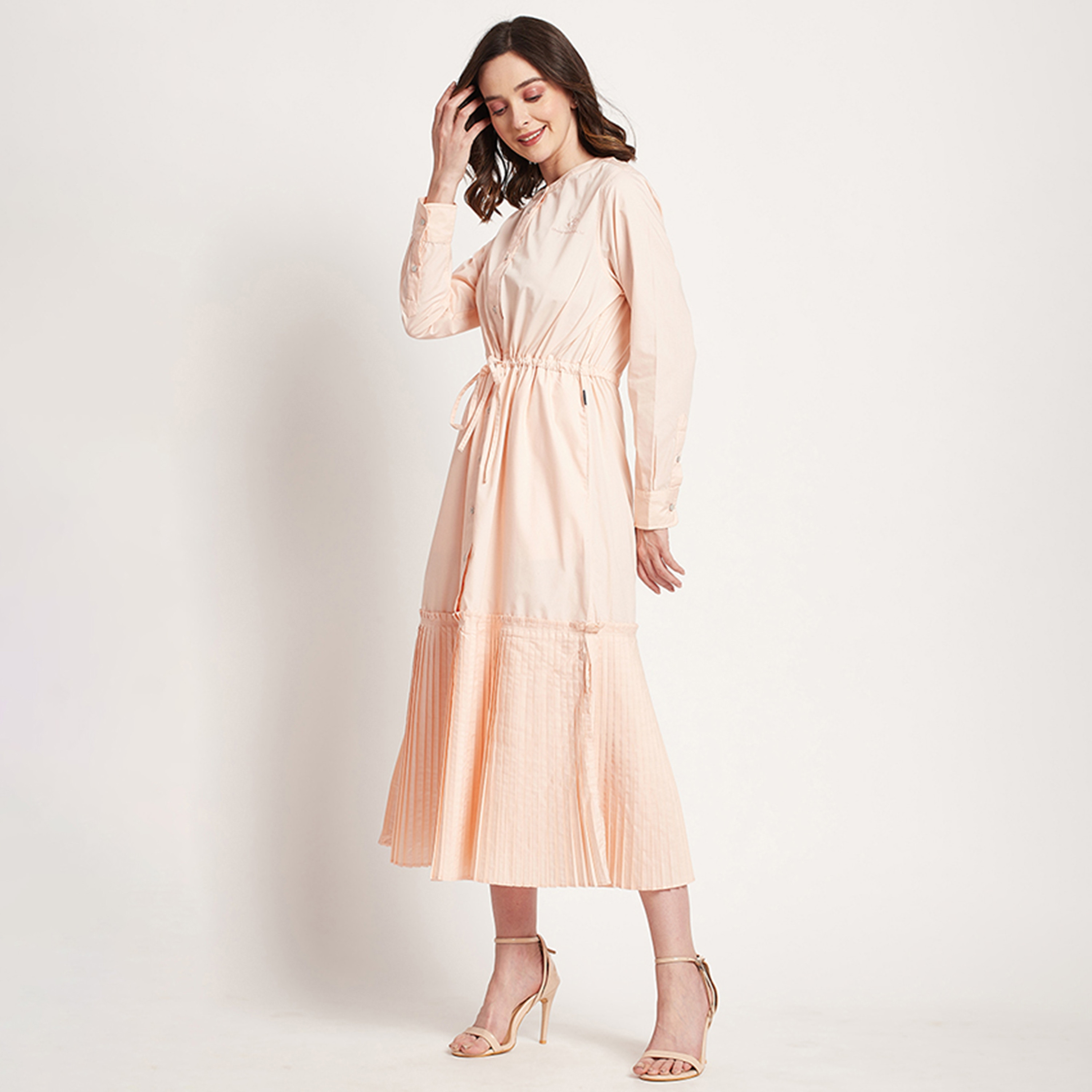 Beverly Hills Polo Club Plain Round Neck Pleated Midi Dress-women-clothing-dresses-image-2