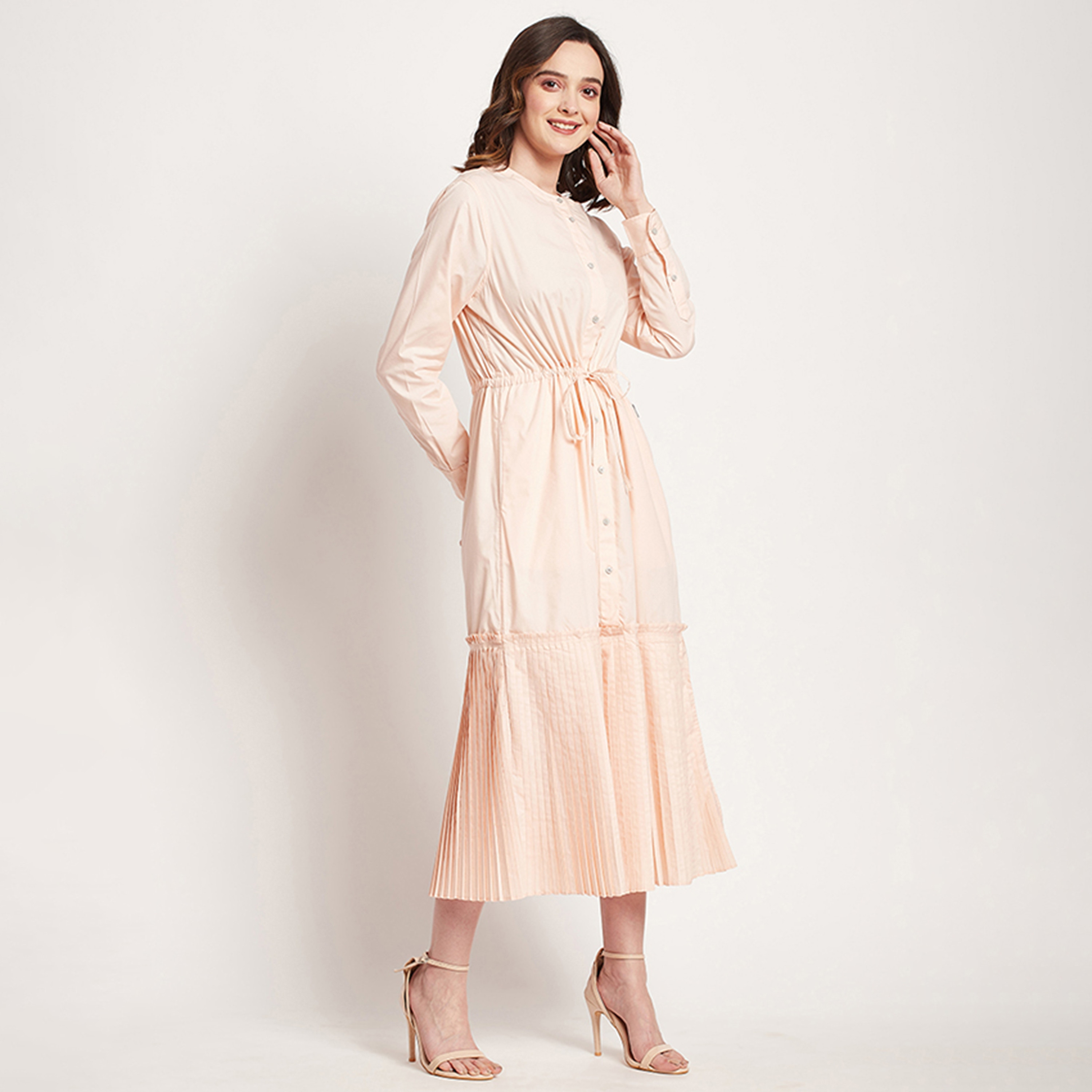 Beverly Hills Polo Club Plain Round Neck Pleated Midi Dress-women-clothing-dresses-image-3